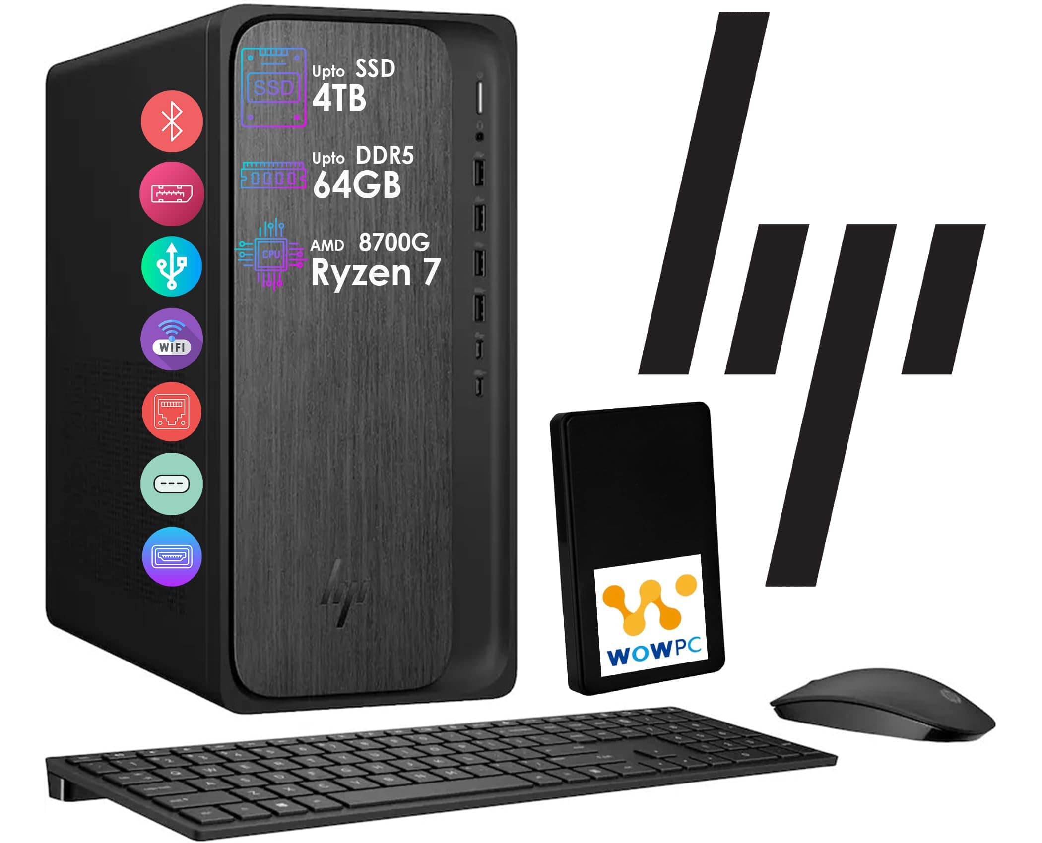 HP - OmniDesk AI PC Desktop, 16 NPU Tops, Ryzen 7-8700G CPU, 32GB DDR5 RAM, 1.5TB Storage, Wi-Fi 6, Dual Monitor, Windows 11 - Black