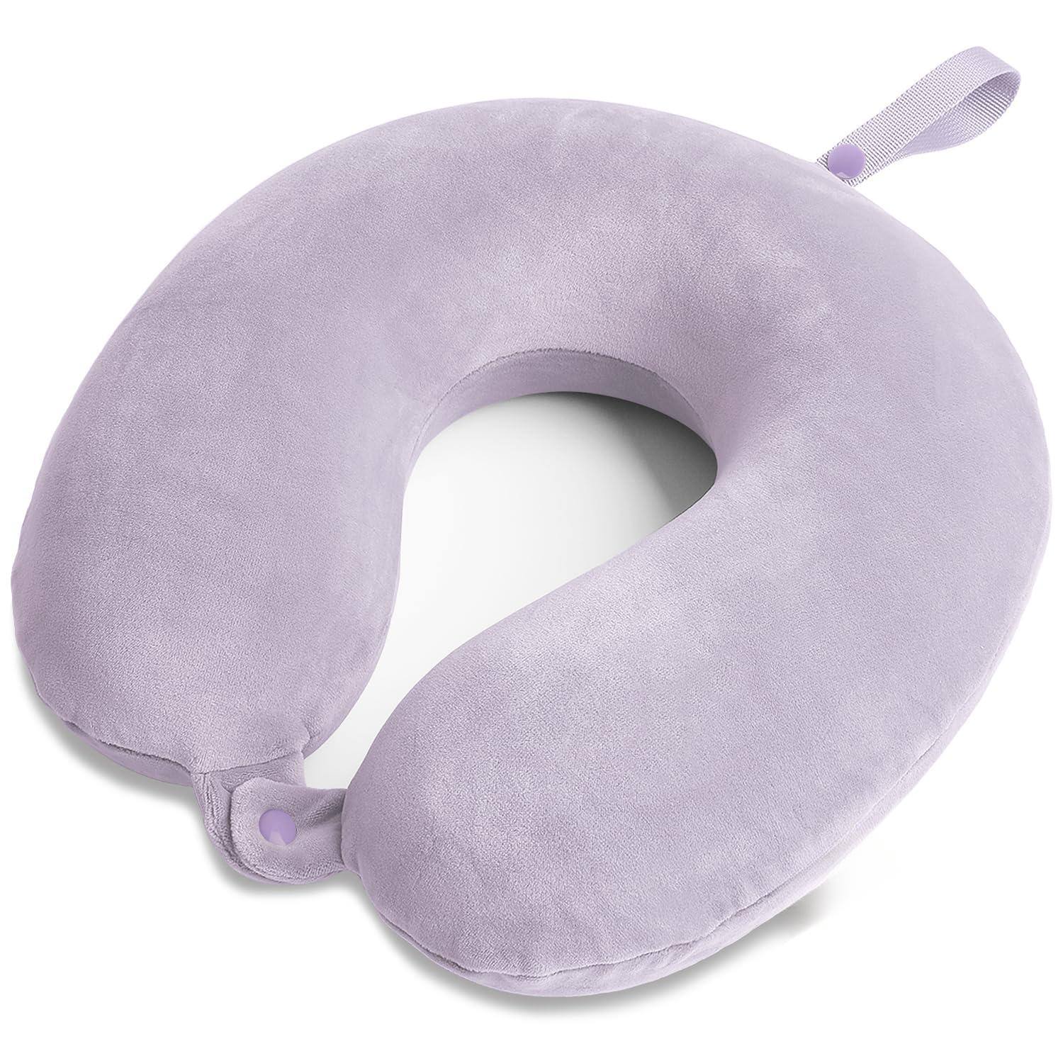 Front. Pacoar Cade - Memory Foam Neck Pillows For Travel - Airplanes With Attachable Snap Strap Soft Washable Cover Flight Provide Rest - Gray Purple.