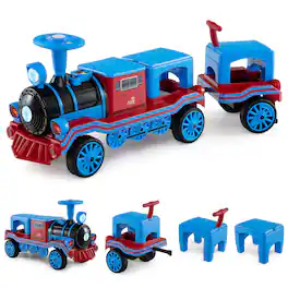 Costway - 3-Seater Ride on Train Set Trackless, 12V Ride on Toy Car with 2 Removable Chairs - Blue,Red