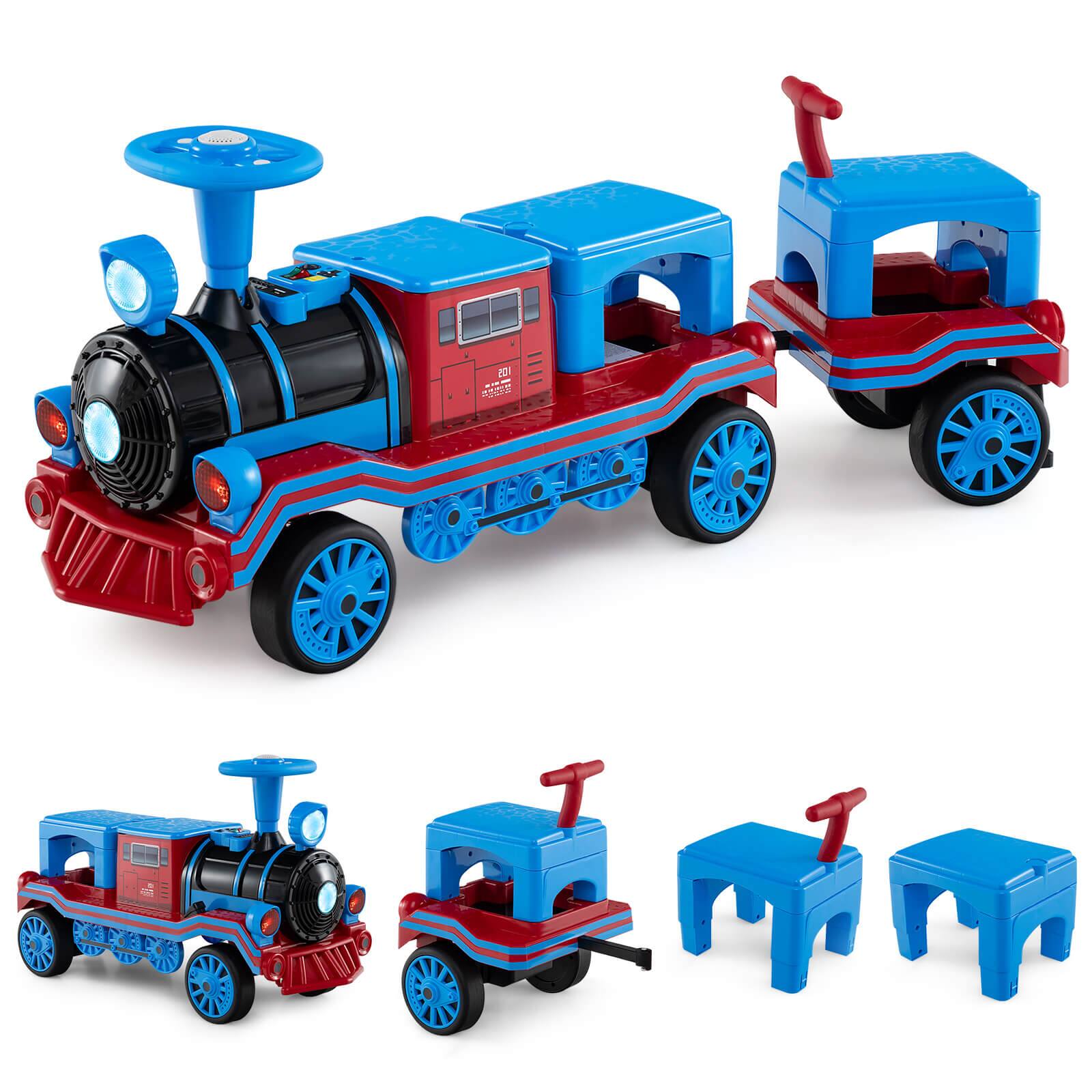 Front. Costway - Costway 3-Seater Ride on Train Set Trackless, 12V Ride on Toy Car with 2 Removable Chairs - Blue,Red.