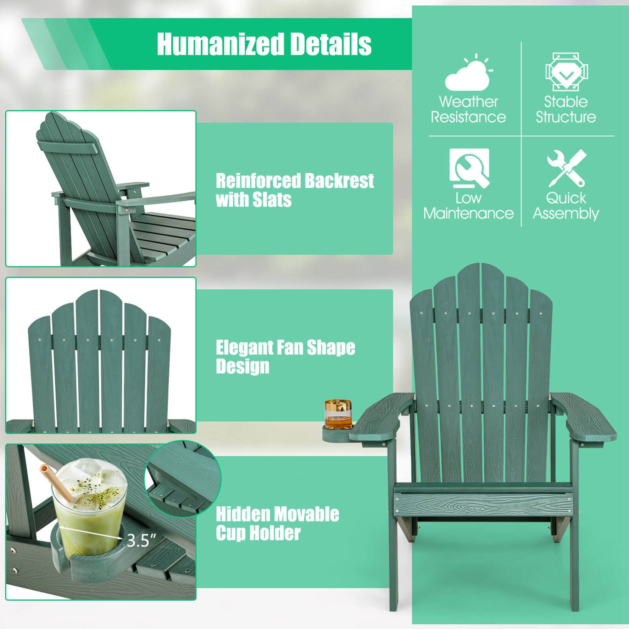 Humanized Details

Weather Resistance

Stable Structure

Reinforced Backrest with Slats

Low Maintenance

Quick Assembly

Elegant Fan Shape Design

3.5" Hidden Movable Cup Holder