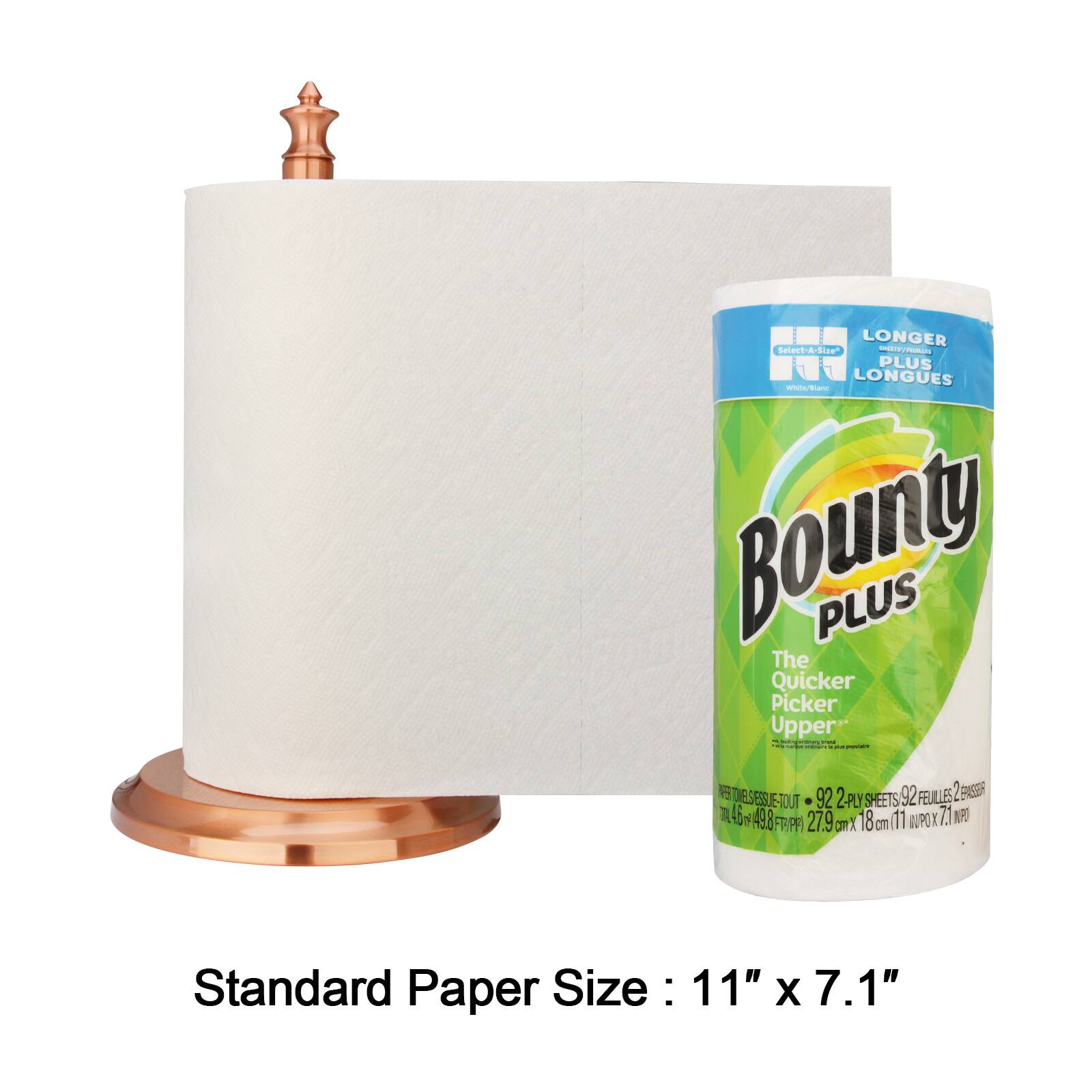 LONGER GTA-Si2e - PLUS LONGUES  
Bounty PLUS  
The Quicker Picker Upper  
92 SHEETS  
92 FEUILES  
2 ENSE  
45 y 49.8 27.9 18 8cm(11 11 AUPO Z.1 NPO FP)  
omX cm  
Standard Paper Size: 11" X 7.1"