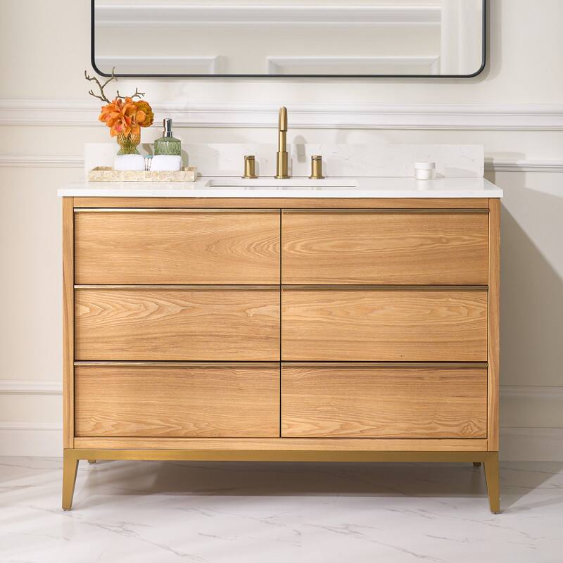 WELLFOR - 48 in Freestanding Solid Wood Bathroom Vanity with Carrara White Quartz Vanity Top & 6 Soft-Close Drawers and Backsplash - Oak
