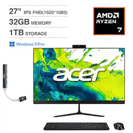 Acer - Aspire All-in-One 27 FHD (AMD Ryzen 7 5825U, 32GB DDR4, 1TB PCIe SSD, AMD Radeon, Win 11 Pro) w/USB Hub - Black