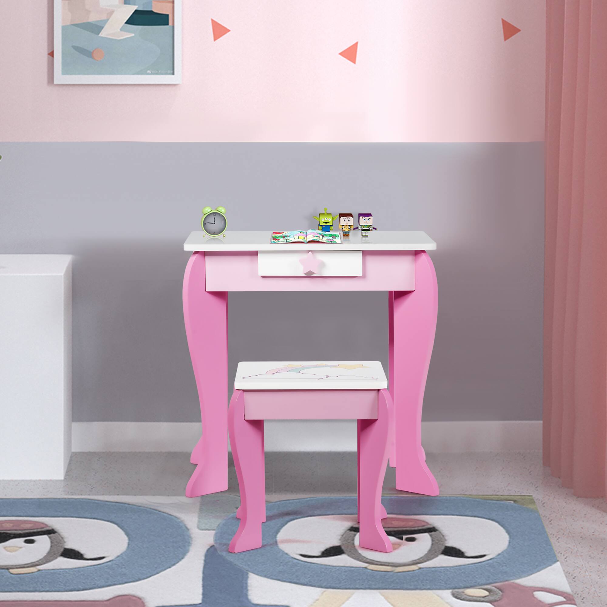 Alt View 8. Costway - Costway Kids Vanity Makeup Dressing Table Chair Set Wooden with Mirror Drawer - Pink.