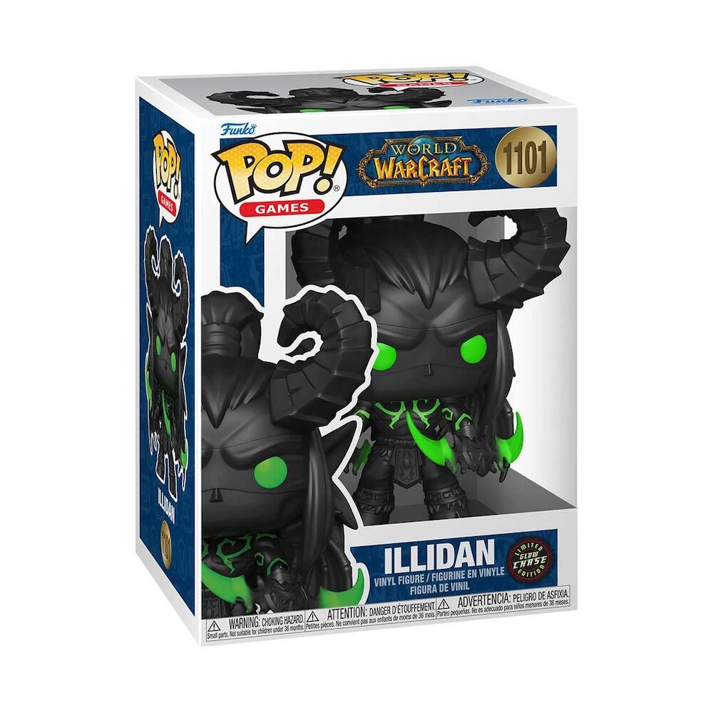 Sure, here is the corrected and grouped text from the image:

---

**Funko POP! GAMES**

**WORLD OF WARCRAFT**

**1101**

**ILLIDAN**

**VINYL FIGURE / FIGURINE EN VINYLE / FIGURA DE VINIL**

**WARNING: CHOKING HAZARD - Small parts. Not for children under 3 years.**

**ADVERTENCIA: PELEIGRO DE ASFIXIA - Piezas pequeñas. No es adecuado para menores de 3 años.**

**ATTENTION: PELIGRO DE ASFIXIA - Petits pièces. Ne convient pas aux enfants de moins de 3 ans.**

**LIMITED EDITION**

**VINYL FIGURE / FIGURINE EN VINYLE / FIGURA DE VINIL**

**WARNING: CHOKING HAZARD - Small parts. Not for children under 3 years.**

**ADVERTENCIA: PELEIGRO DE ASFIXIA - Piezas pequeñas. No es adecuado para menores de 3 años.**

**ATTENTION: PELIGRO DE ASFIXIA - Petits pièces. Ne convient pas aux enfants de moins