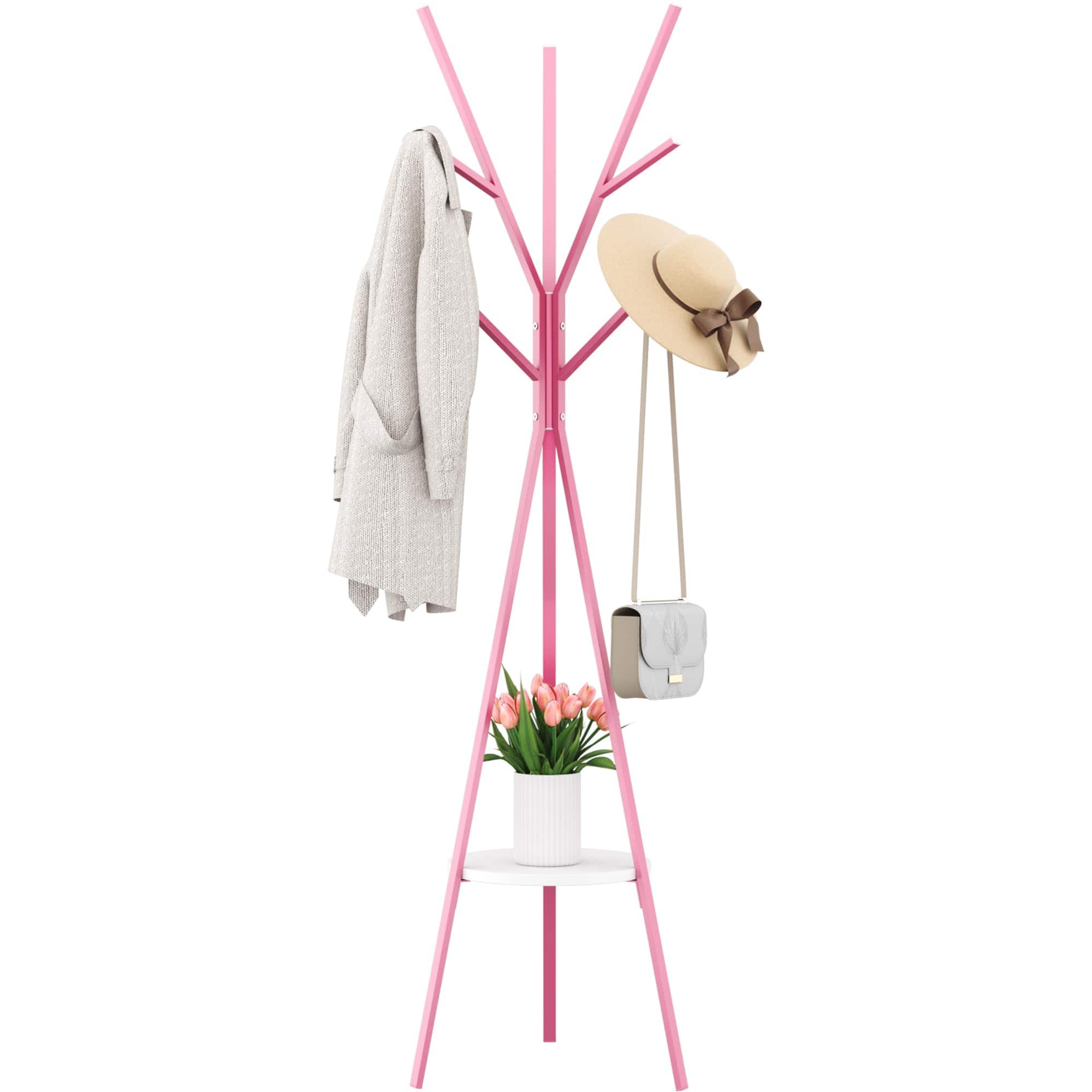 Hirose Alice - Coat Rack Hat Stand Free Standing Display Hall Tree Metal Hanger Garment Storage Holder With 9 Hooks For - Pink