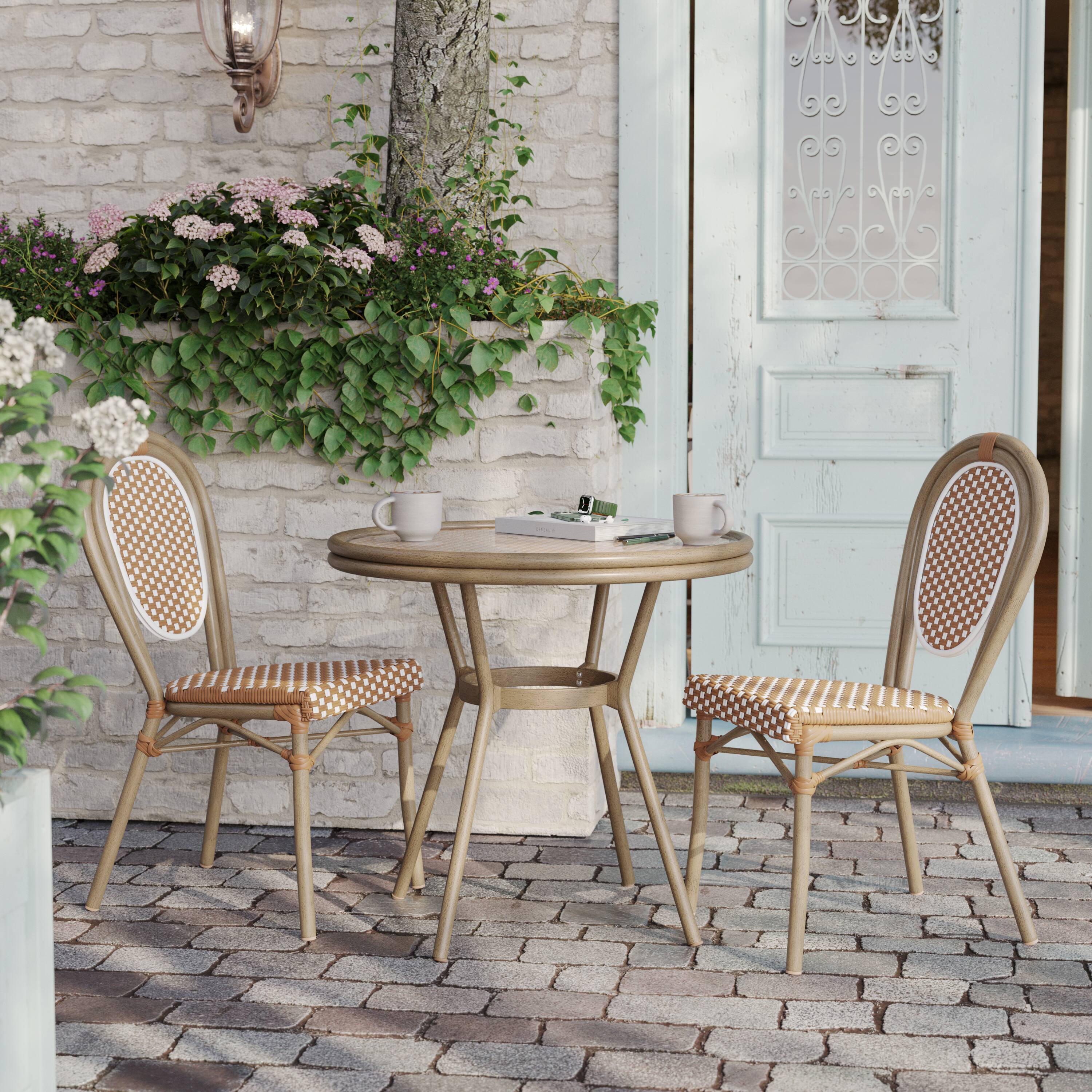 Alt View 2. Flash Furniture - Lourdes Indoor/Outdoor Commercial Bistro 31.5" Table, Natural/White PE Rattan, Glass Top, Bamboo Print Aluminum Frame in - Natural.