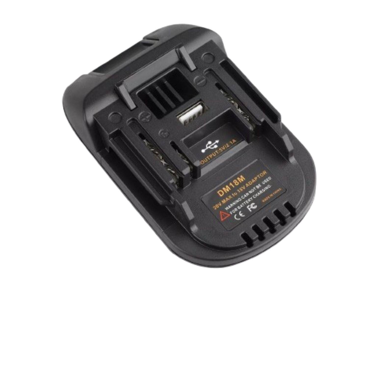 DM18M ADAPTOR  
OUTPUT: 5V/2.1A  

DM18M to 18650/26650  
20V MAX TO 18V NOT FOR BATTERY CHARGING  

WARNING:  
DO NOT USE FOR BATTERY CHARGING  
FOR BATTERY CHARGING ONLY  

CE FC