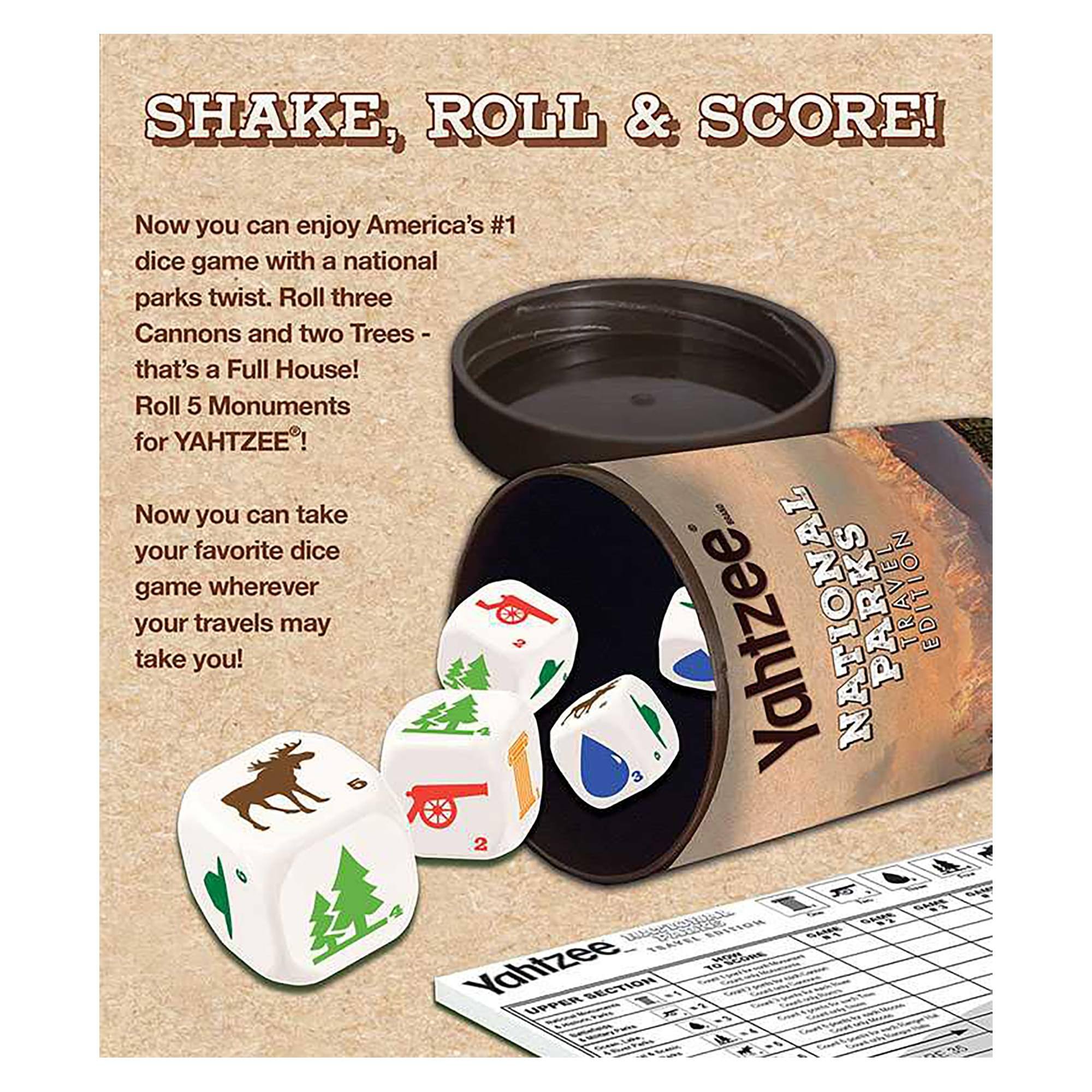 SHAKE, ROLL & SCORE!  
Now you can enjoy America's #1 dice game with a national parks twist. Roll three Cannons and two Trees - that's a Full House! Roll 5 Monuments for YAHTZEE!  
Now you can take your favorite dice game wherever your travels may take you!  

NATIONAL PARKS EDITION