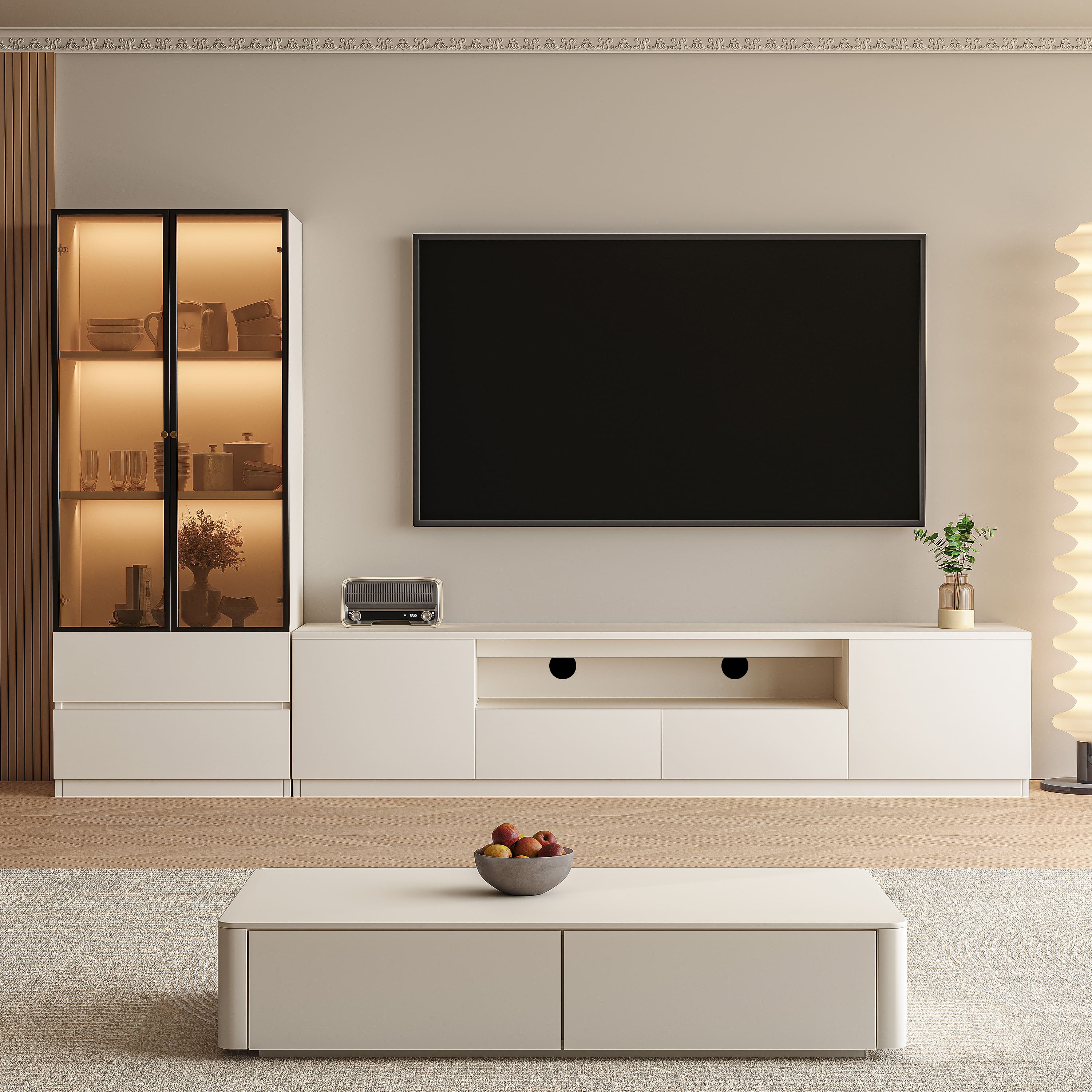 MSOOB - 2 Pieces Entertainment Center Modern Media Console Includes TV Stands And Lighted Glass Display Cabinet - White