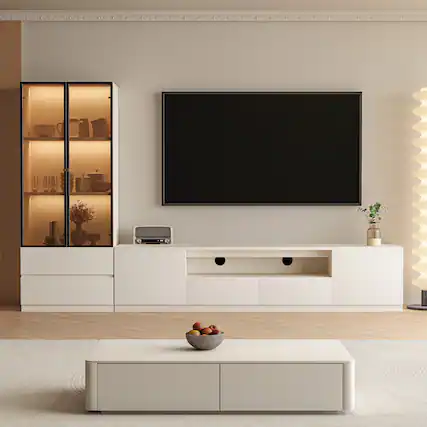 Front. MSOOB - White 2 Pieces Entertainment Center Modern Media Console Includes TV Stands And Lighted Glass Display Cabinet - White.