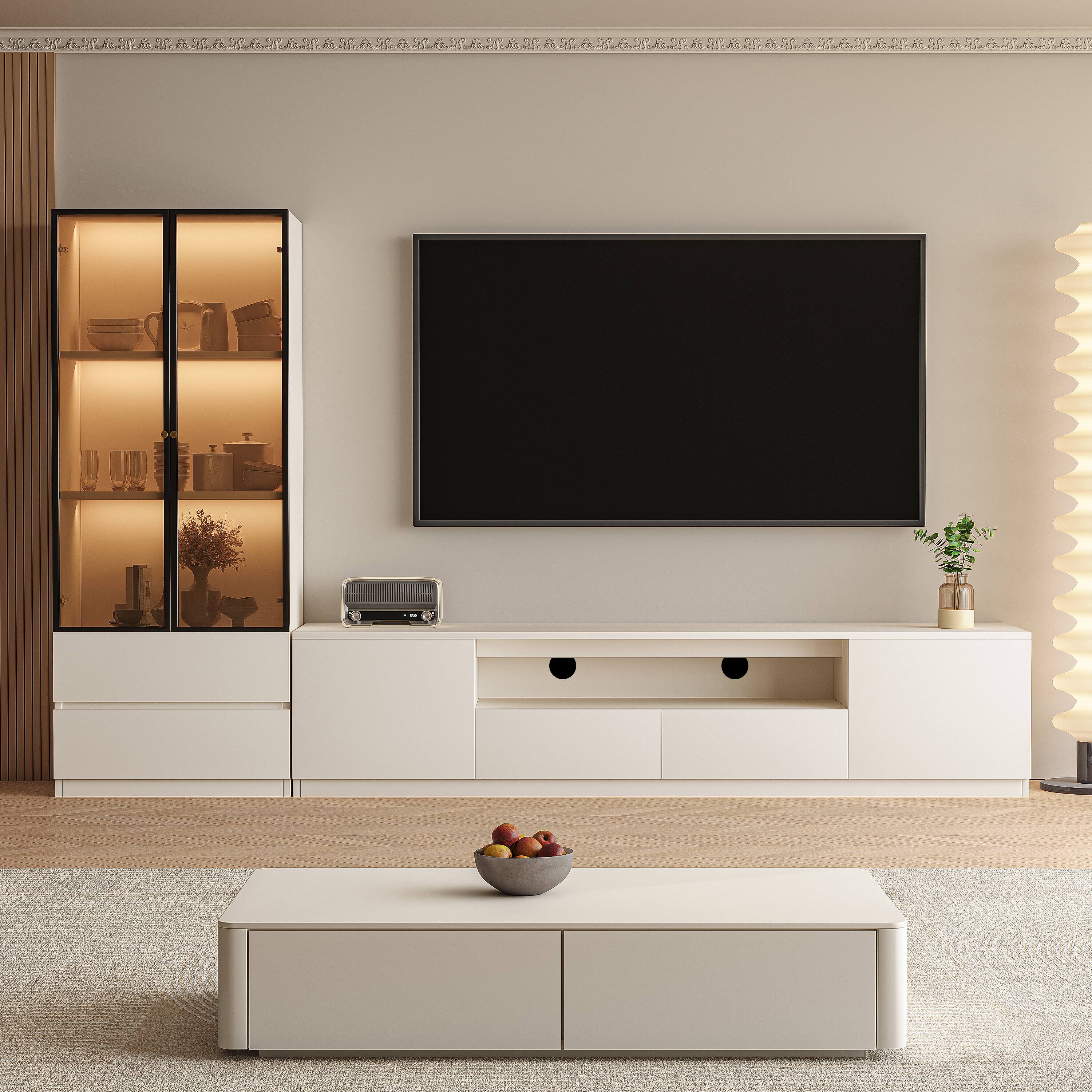Front. MSOOB - White 2 Pieces Entertainment Center Modern Media Console Includes TV Stands And Lighted Glass Display Cabinet - White.