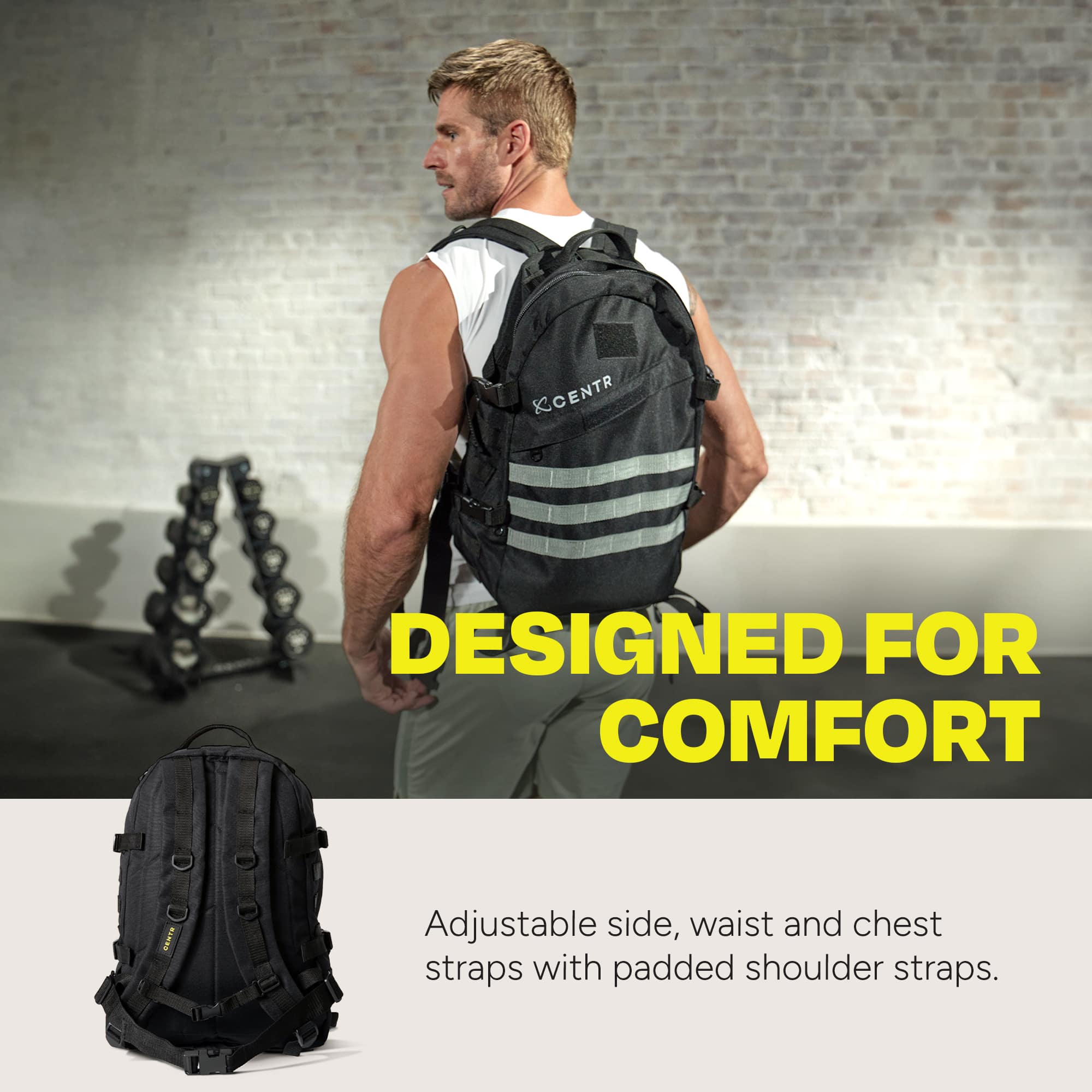 The image features a man wearing a backpack designed for comfort. The backpack has adjustable side, waist, and chest straps, along with padded shoulder straps for added support and comfort. The man is standing in front of a brick wall, showcasing the backpack's functionality and style.