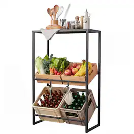 Gymax - 3-Tier Drink Crate Rack Heavy-duty Metal Storage Rack w/ Shelf 2 Hanging Hooks - Black