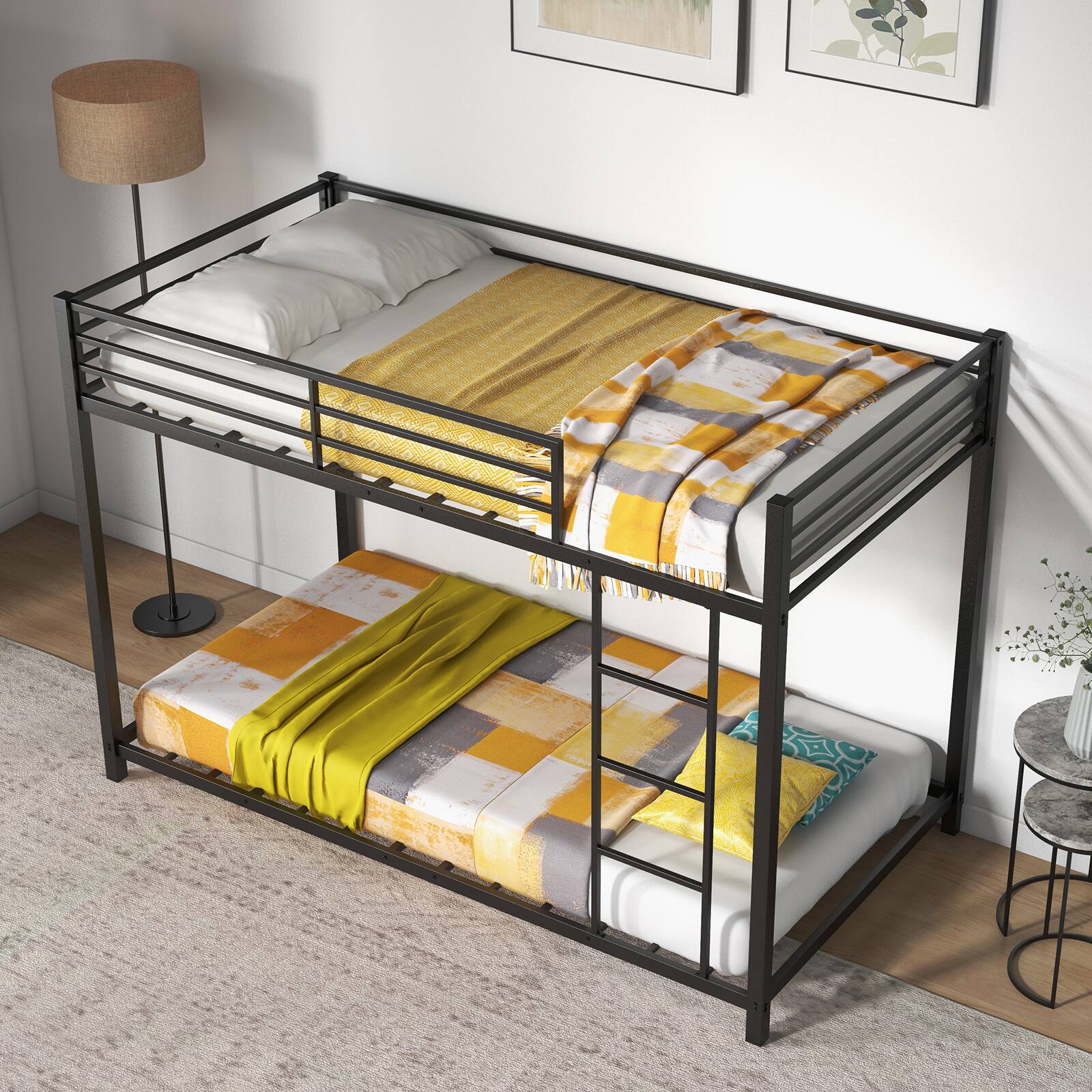 Alt View 4. Ecooso - Low Profile Twin Over Twin Metal Bunk Bed with Guardrails - Black.