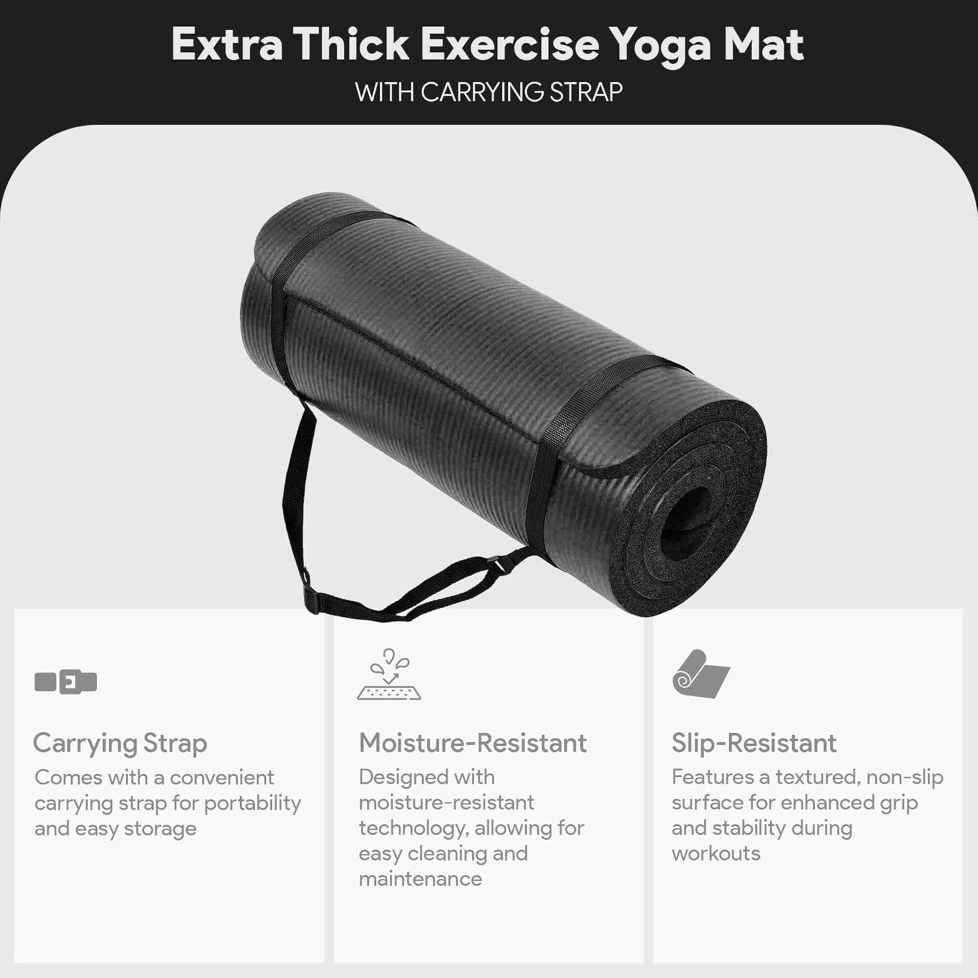 Extra Thick Exercise Yoga Mat WITH CARRYING STRAP

- Carrying Strap: Comes with a convenient carrying strap for portability and easy storage
- Moisture-Resistant: Designed with moisture-resistant technology, allowing for easy cleaning and maintenance
- Slip-Resistant: Features a textured, non-slip surface for enhanced grip and stability during workouts