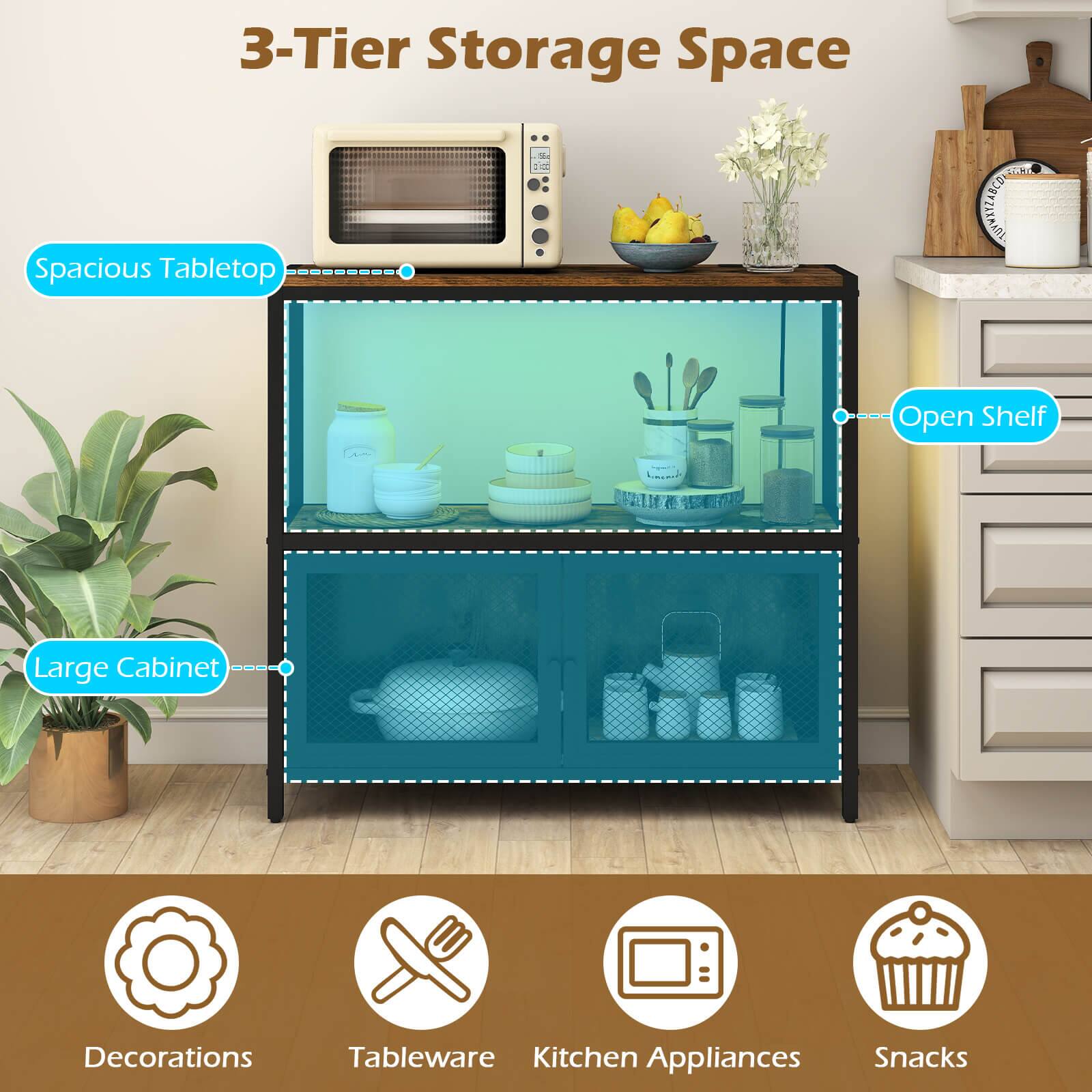 3-Tier Storage Space  
Spacious Tabletop  
Open Shelf  
Large Cabinet  

Decorations  
Tableware  
Kitchen Appliances  
Snacks