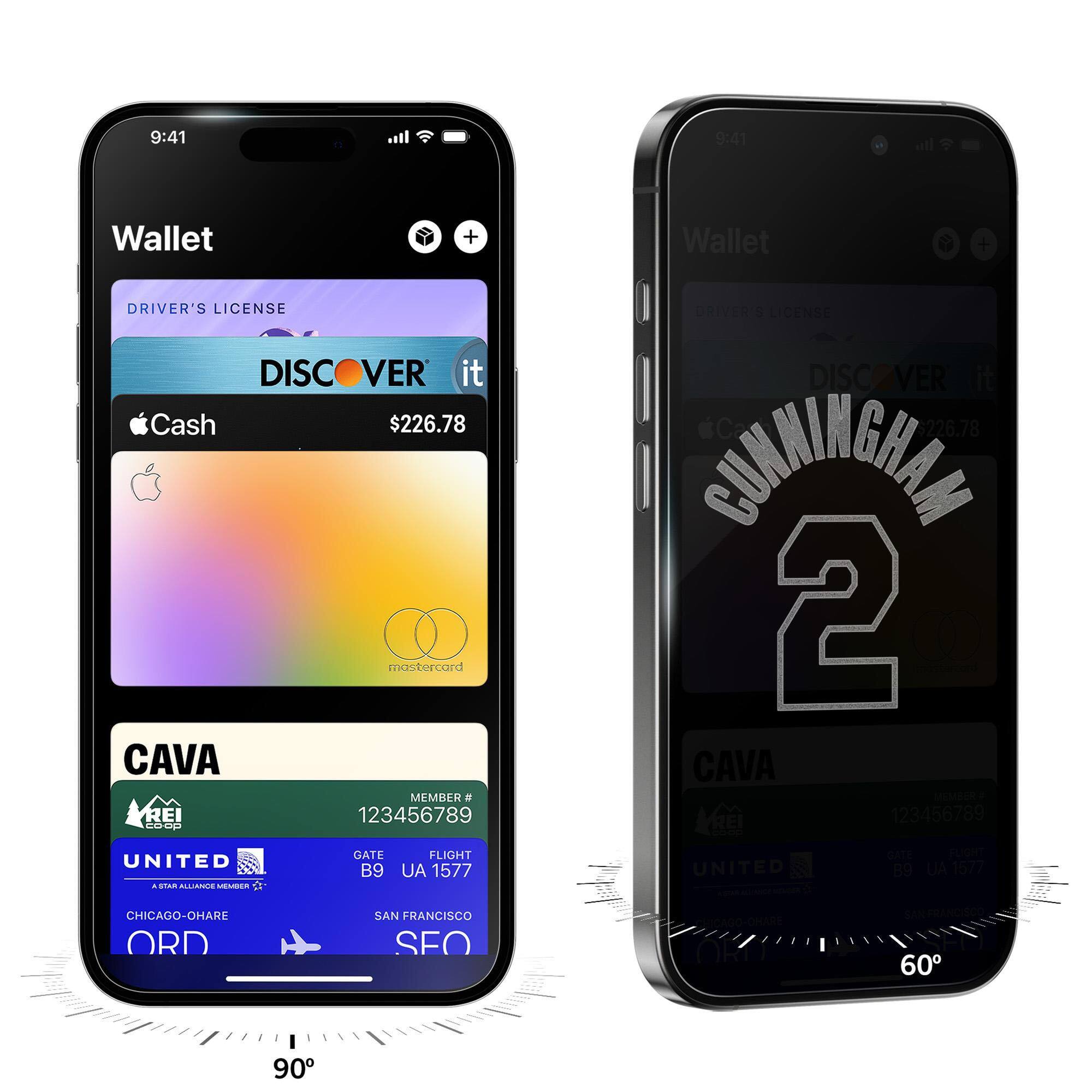 9:41 9:41 Wallet + Wallet + DRIVER'S LICENSE DRIVER S LICENSE DISCOVER it Cash $226.78 mastercard CAVA MEMBER e REI 123456789 adda DISC VER it Ca $226.78 GUNNINGHAM 2 CAVA e REI 123456789 UNITED a stam B SER GATE FLIGHT B9 UA 1577 UNITED CATE  B9 UA 1577 CHICAGO-OHARE ORD SAN FRANCISCO SFO