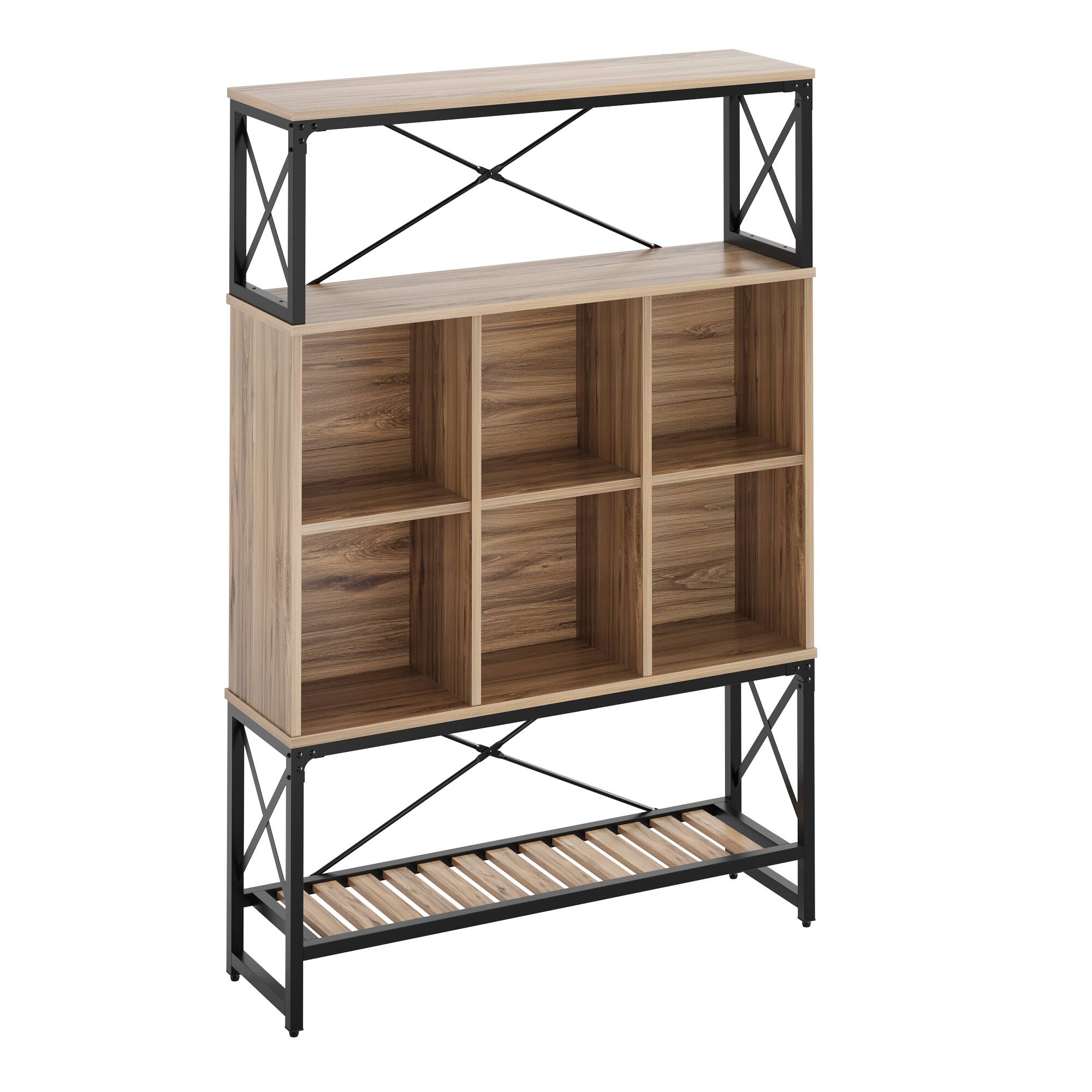 Angle. Bestier - Bookcase with 6 Cubes, Adjustable Shelves, RGB Lights & X-Frame - Farmhouse Style - Pine.
