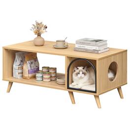 Gymax - 40'' Coffee Table w/ Cat House 2-in-1 Farmhouse Cat Furniture Coffee Table - Yellow