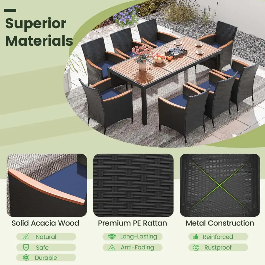 Superior Materials Solid Acacia Wood Premium PE Rattan Metal Construction Natural Safe Durable Long-Lasting Anti-Fading Reinforced Rustproof