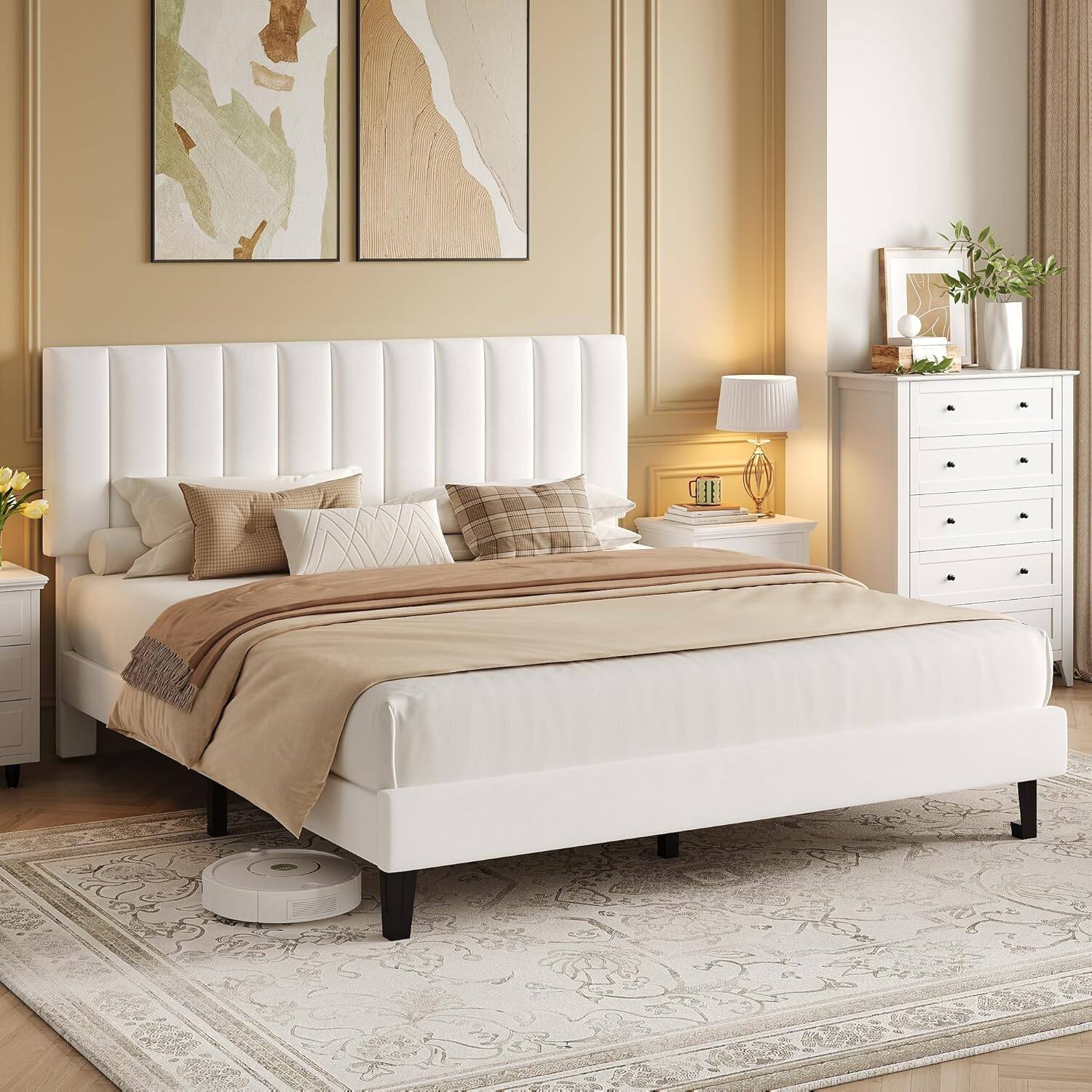 Front. Babevy - Upholstered Platform Bed Frame with Adjustable Height Vertical Channel Tufted Headboard with Sturdy Wooden Slats Support - White.