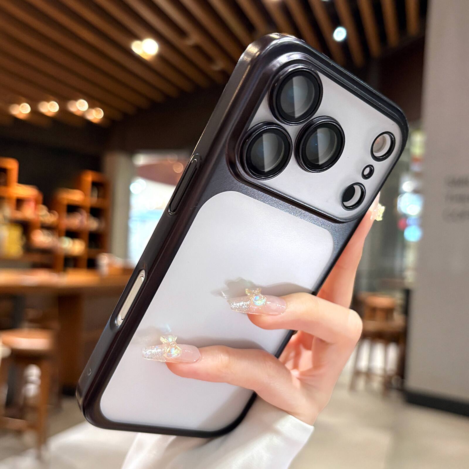 Back. Dteck - Plating Matte Case For iPhone 18 Pro Max with Camera Lens Screen Protector, Shockproof Frosted Translucent Cover - Black.
