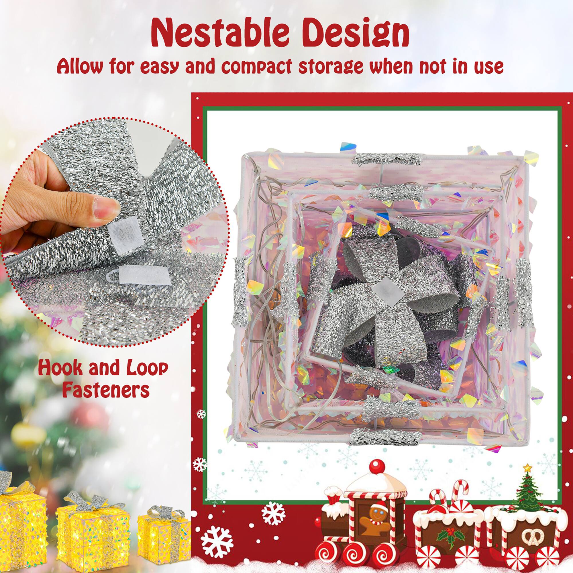 Nestable Design  
Allow for easy and compact storage when not in use  

Hook and Loop Fasteners