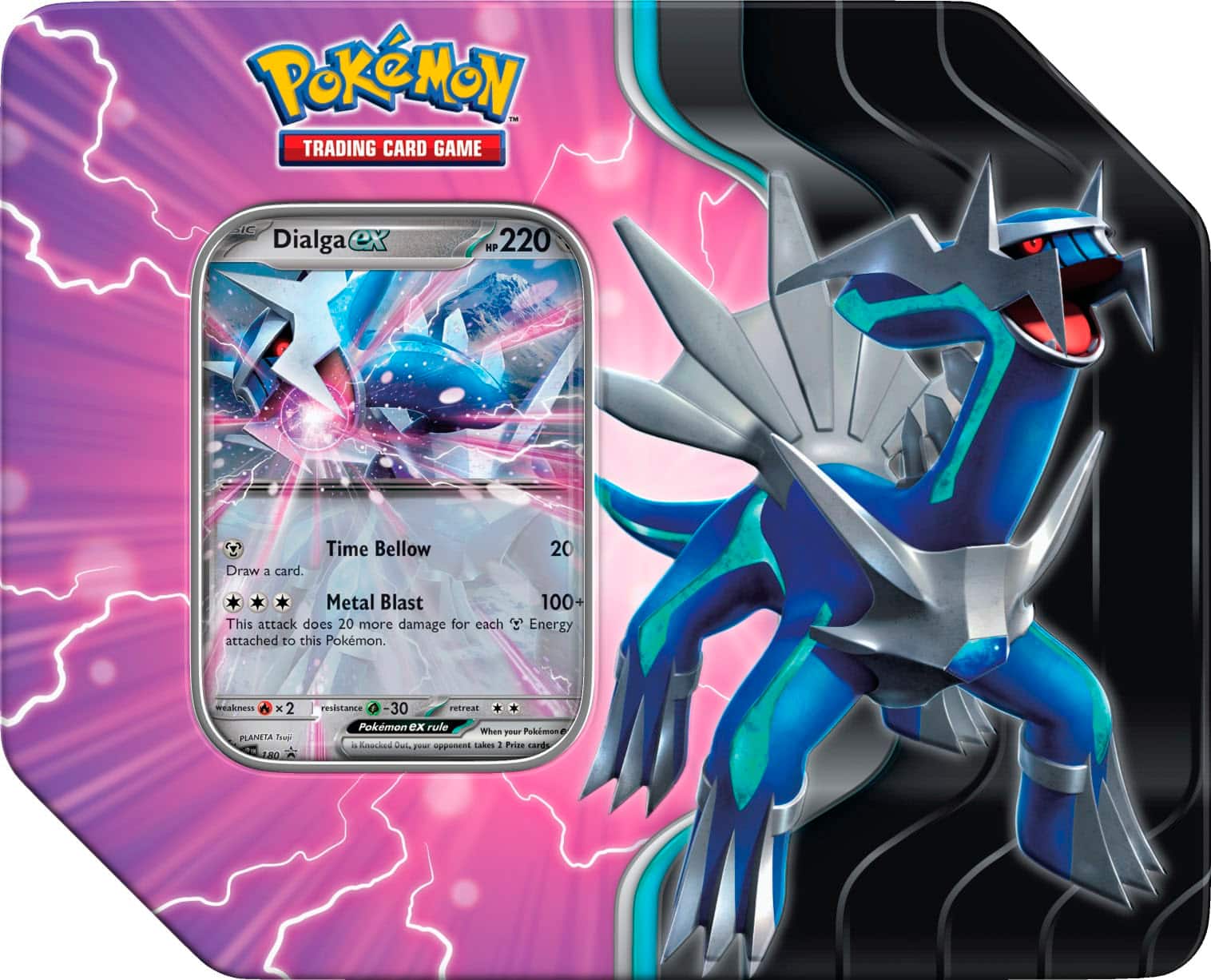 Pokemon Trading Card Game Dialga ex HP 220 Draw a card. Time Bellow 20 Metal Blast 100 This attack does 20 more damage for each Energy attached to this Pokemon. Weakness x 2. PLANETIA Two 189 mmistance 30 retreat Pokemon ex rule When your Pokemon ex is knocked out, you may draw a card from your deck.