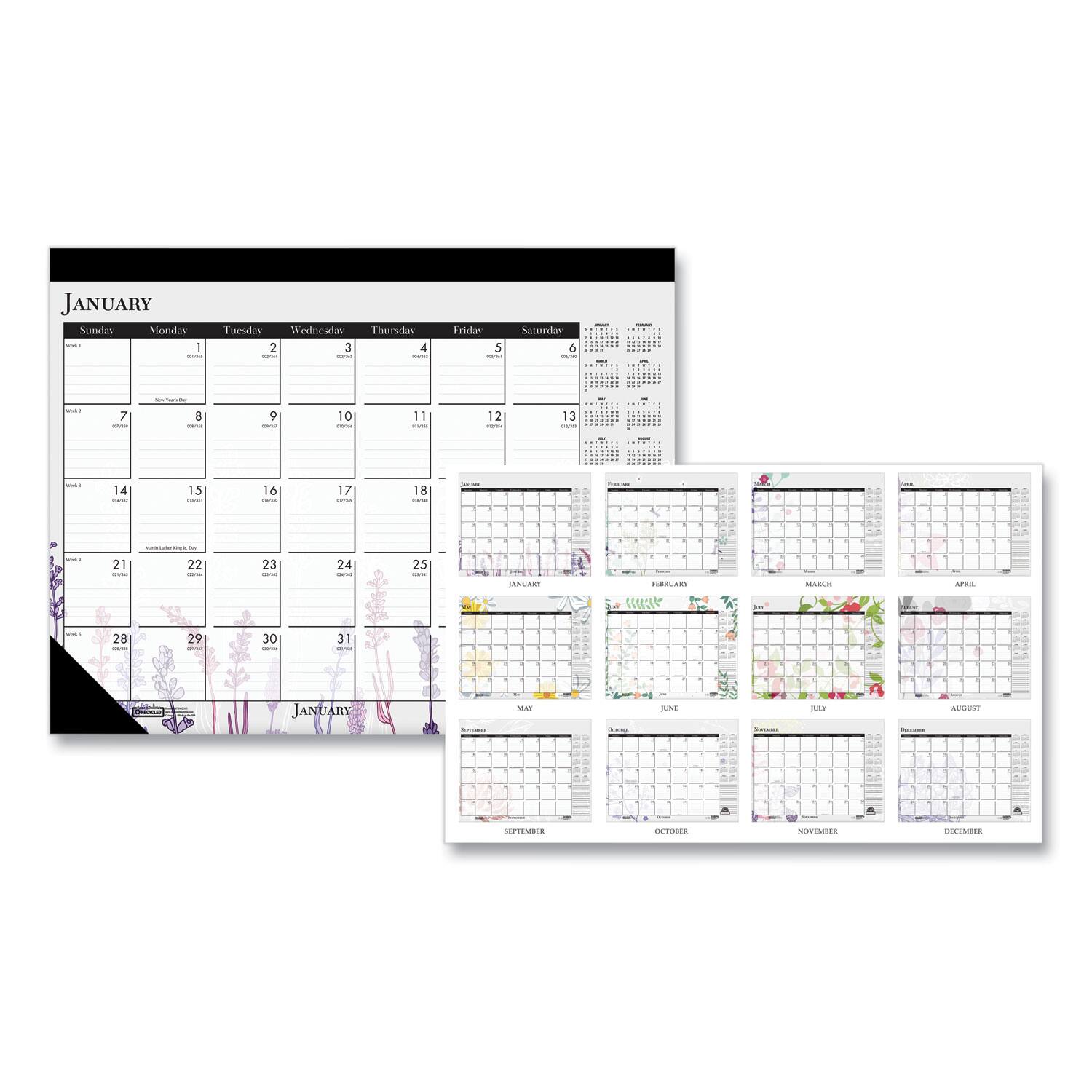 House of Doolittle - Recycled Desk Pad Calendar Wild Flowers Artwork 22 x 17 White Sheets Black Binding Corners12 Month Jan Dec 2026
