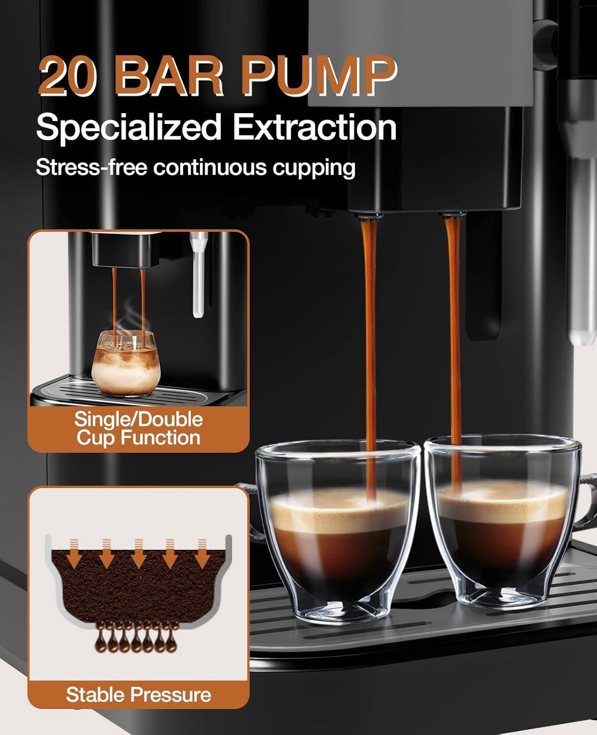 20 BAR PUMP  
Specialized Extraction  
Stress-free continuous cupping  

Single/Double Cup Function  

Stable Pressure