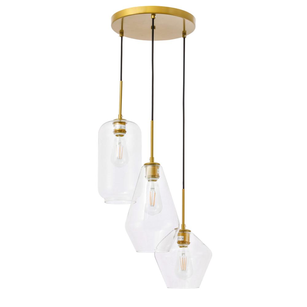Alt View 4. Living District - Gene 3 light Brass and Clear glass pendant - Brass And Clear Glass.