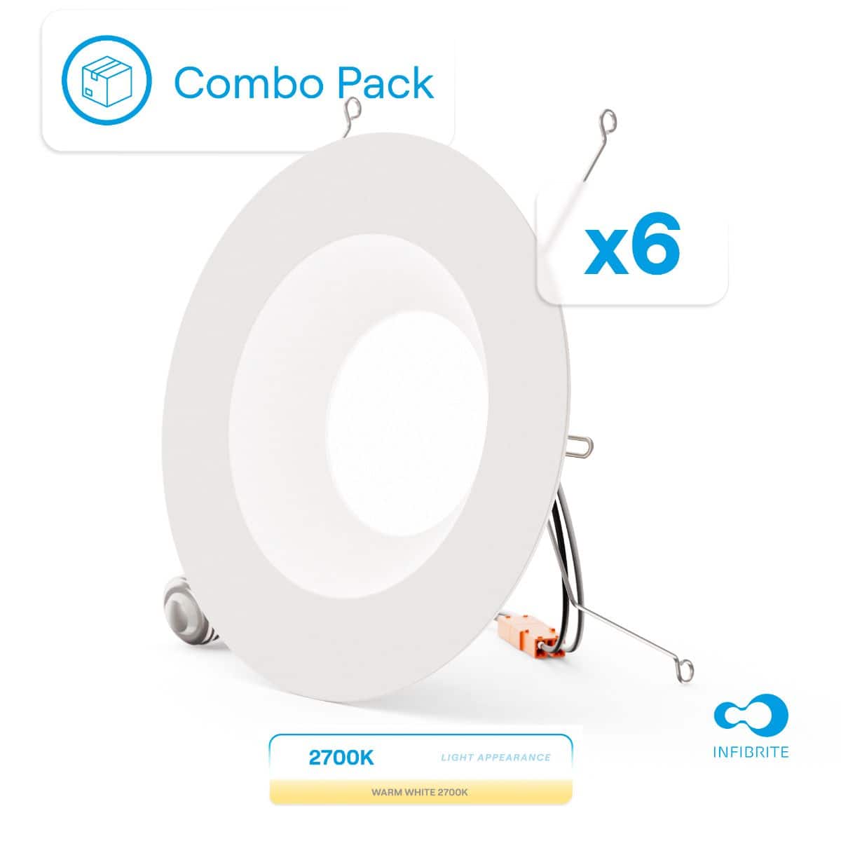 Infibrite - 6 In. Retrofit 2700K Soft Integrated LED Recessed Light Kit 12W 1100LM Remodel, Dimmable, Wet Rated (6 Pack) - White