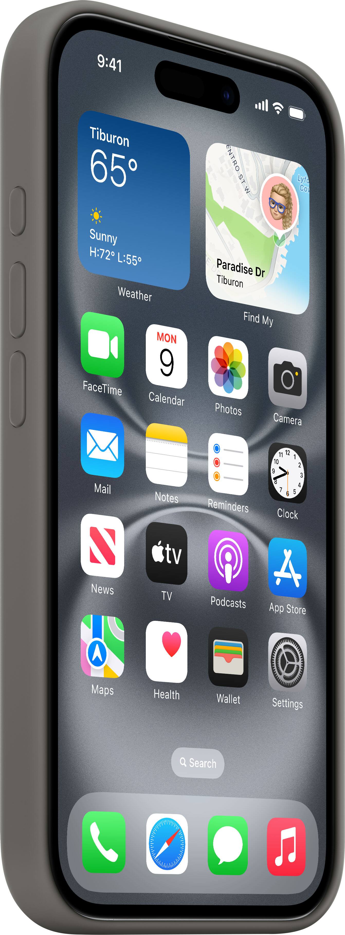 The image shows a smartphone screen displaying various apps and icons. The apps include FaceTime, Calendar, Paradise Dr, Tiburon, Find My, Photos, Camera, Mail, News, Maps, Notes, TV, Health, and App Store. The icons are arranged in a grid-like pattern, and the screen is white. The time displayed on the screen is 9:41.