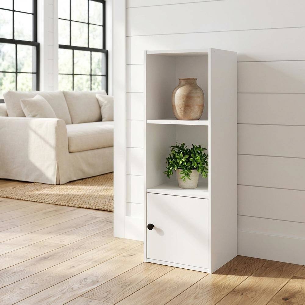 Angle. FurniFact - White 3-Tier Bookcase with Lockable Storage Door and Open Shelves - White.