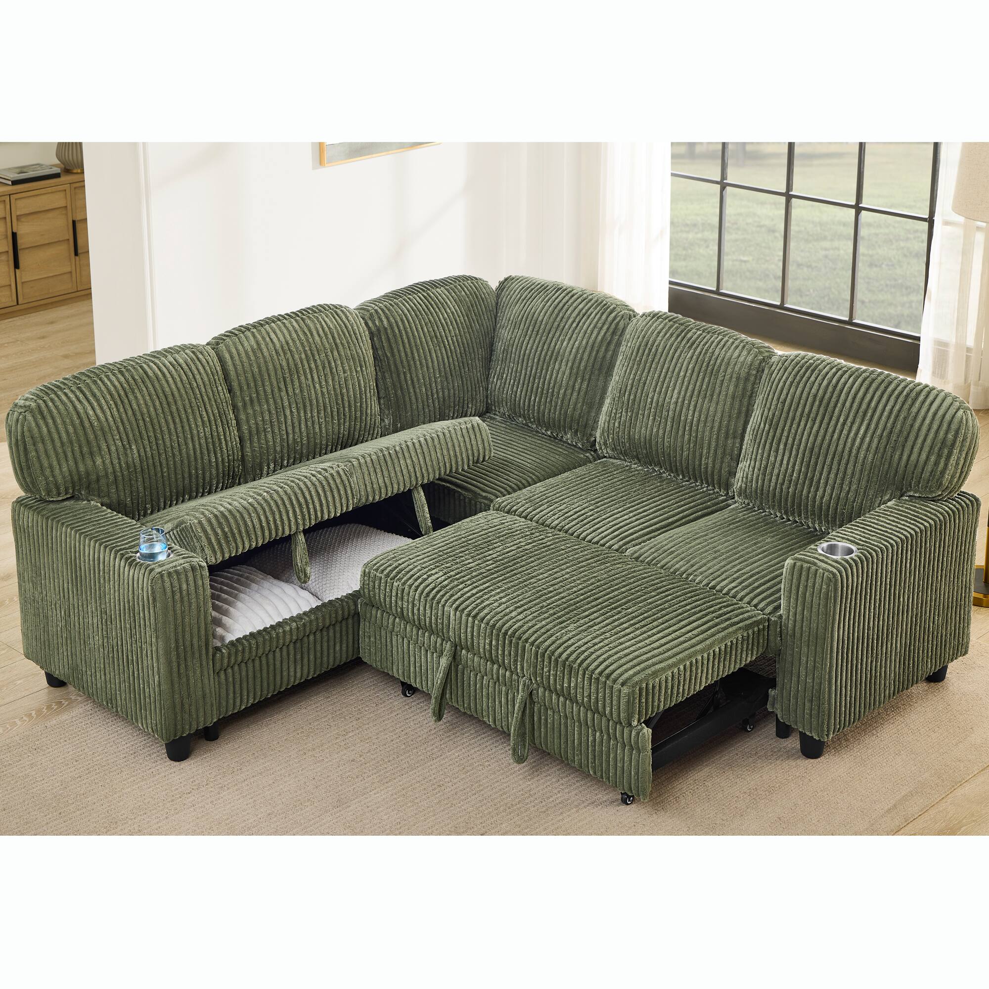Front. Tiramisubest - L-Shaped Sectional Sofa Bed with Pull-Out Bed & Storage, 5-Seat Sleeper Couch with USB Charging - Olive Green.