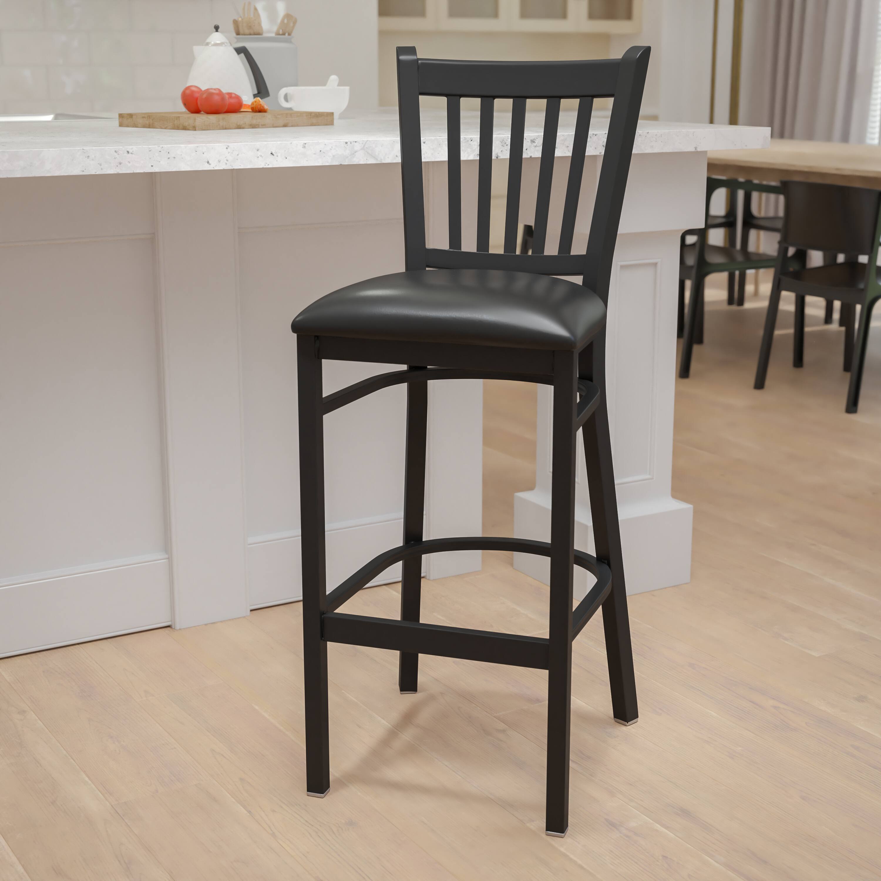 Alt View 1. Emma + Oliver - Vertical Back Metal Restaurant Dining Barstool - Black Vinyl Seat/Black Metal Frame.