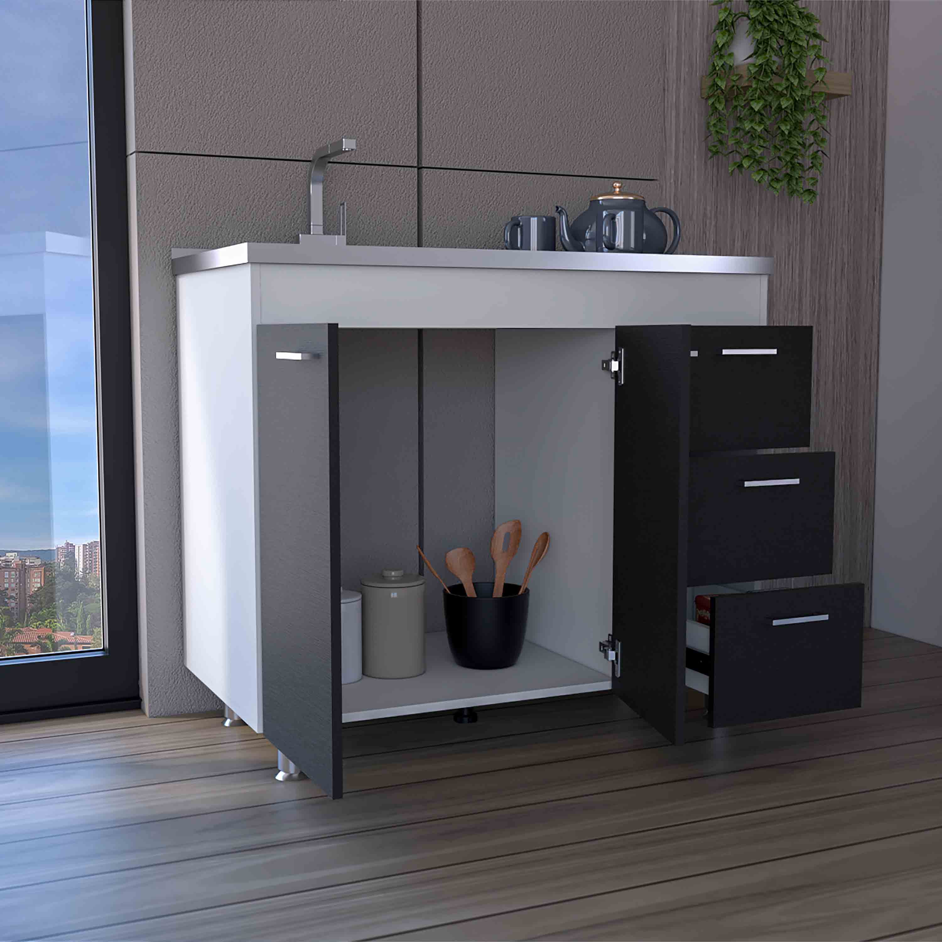 Back. TuHome - Ferretti Utility Sink With Three Drawers And Double Door Cabinet - White / Black.