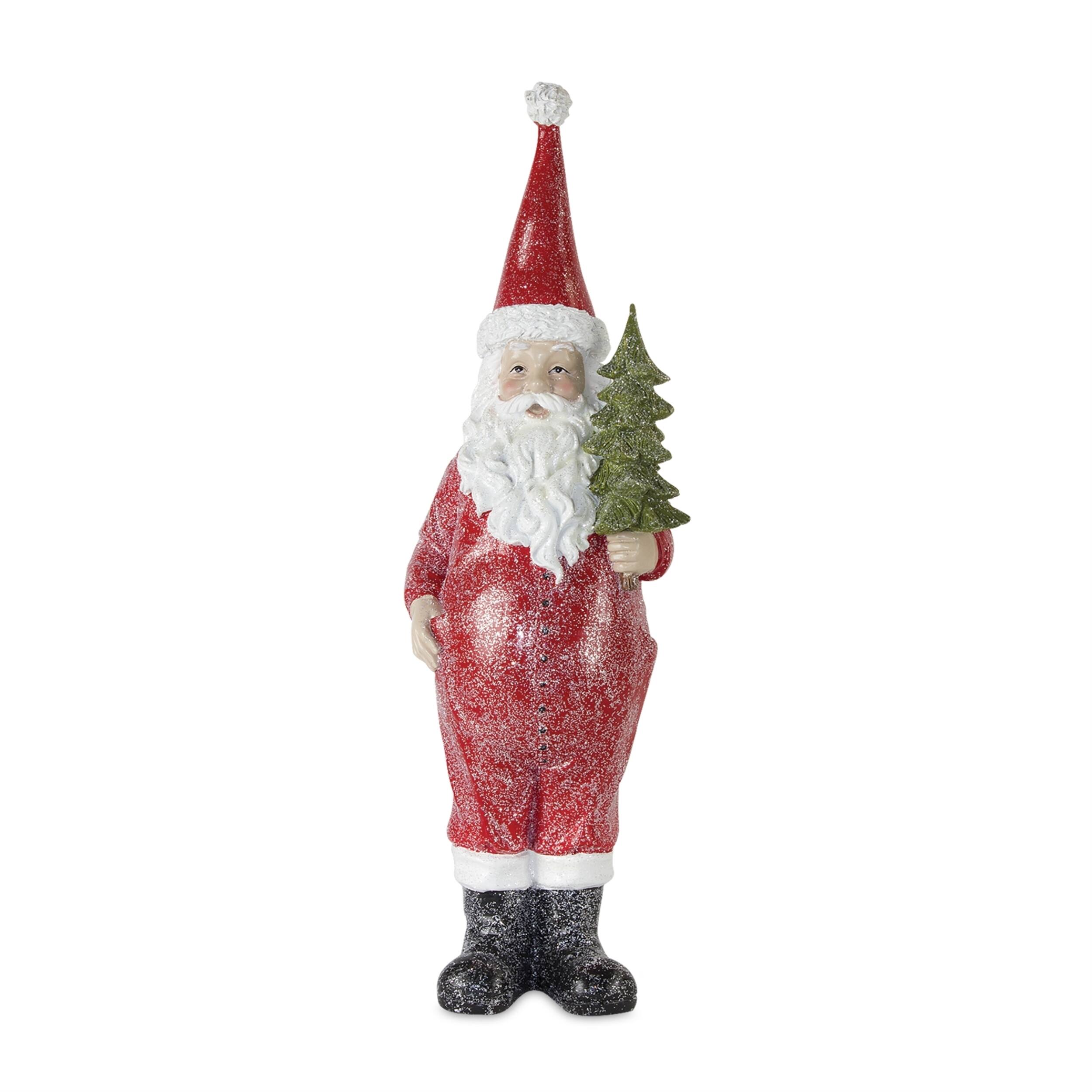 Angle. BreeBe - Frosted Long John Santa with Pine and List Accent (Set of 3) - Red.