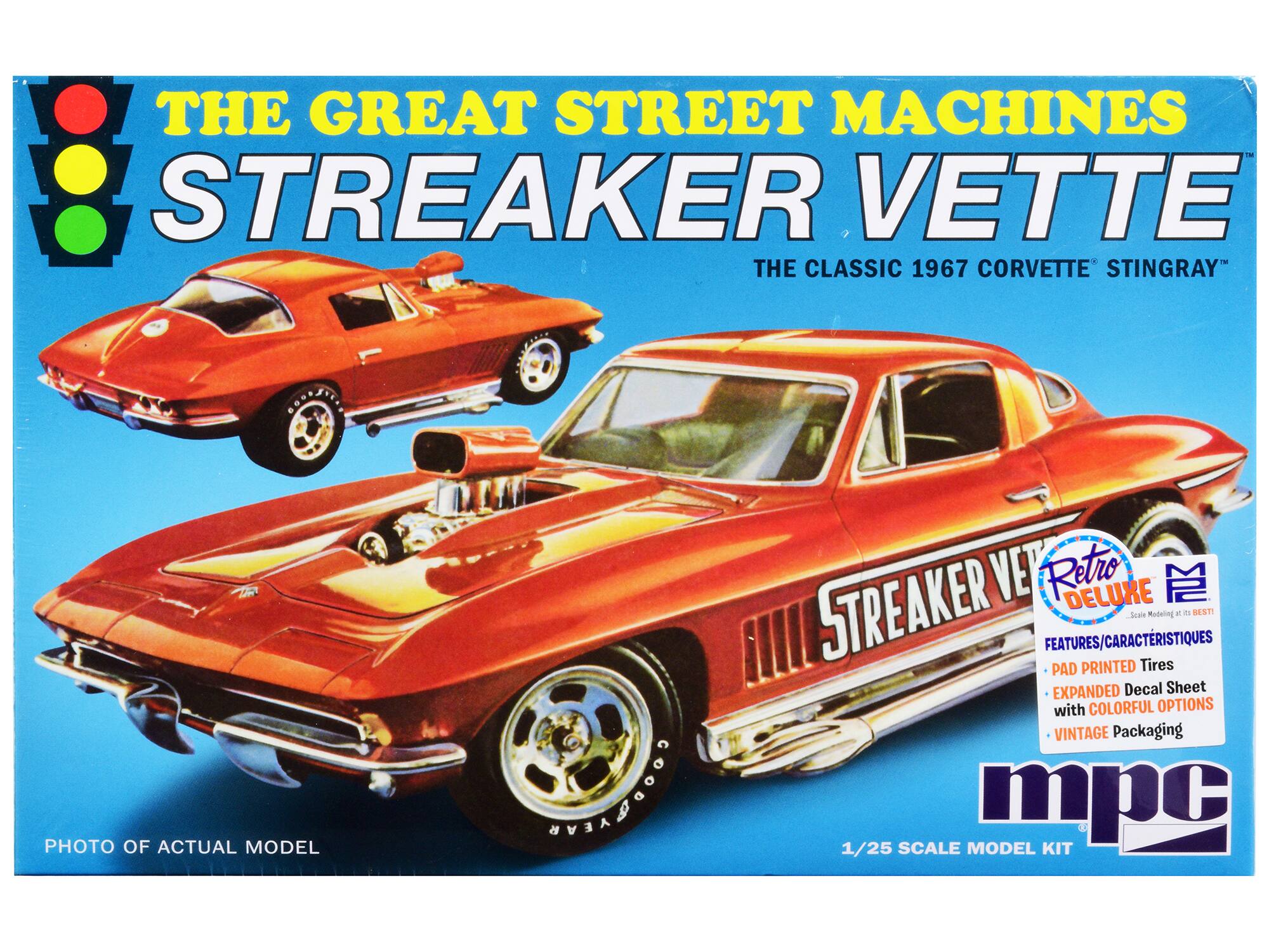THE GREAT STREET MACHINES  
STREAKER VETTE  
THE CLASSIC 1967 CORVETTE STINGRAY  

PHOTO OF ACTUAL MODEL  

Retro DELUXE  
FEATURES/CARACTÉRISTIQUES  
- PAD PRINTED Tires  
- EXPANDED Decal Sheet with COLORFUL OPTIONS  
- VINTAGE Packaging  

1/25 SCALE MODEL KIT  

mpc