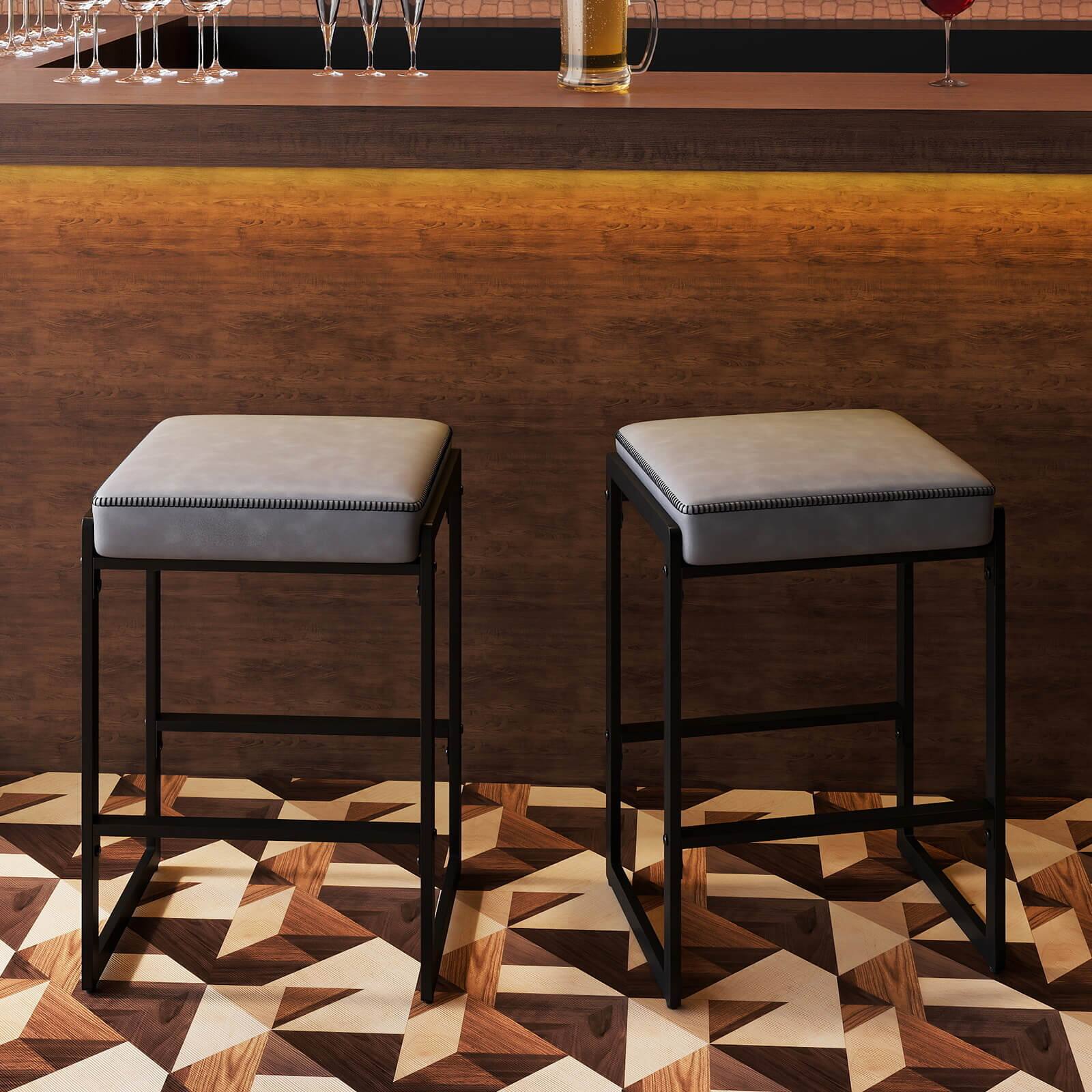 Alt View 1. Costway - Costway 26" Bar Stools Set of 2 with Faux Leather Upholstered Seat, Metal Legs, Footrests - Gray + Black.