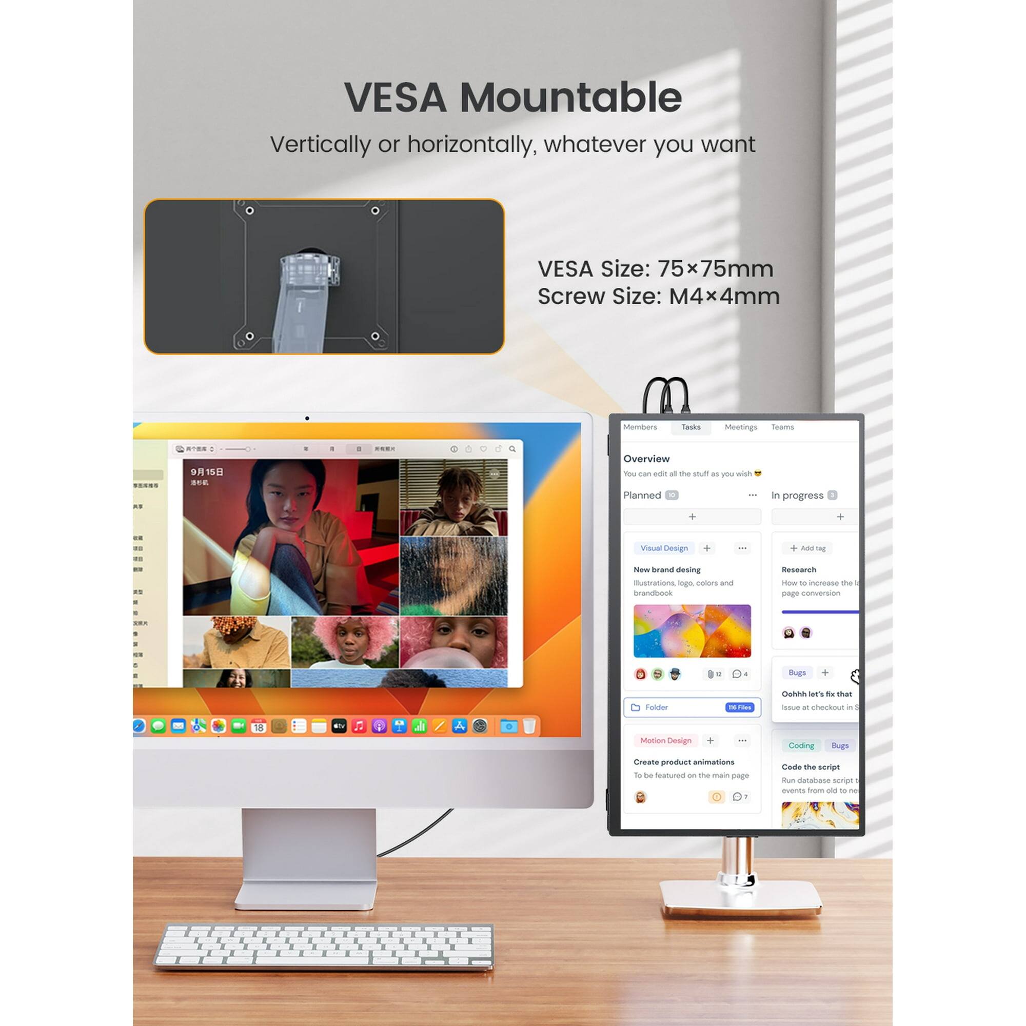 VESA Mountable  
Vertically or horizontally, whatever you want  
VESA Size: 75x75mm  
Screw Size: M4x4mm  

Overview  
You can edit the stuff as you wish  
Planned - In progress  

Visual Design  
New brand designing  
Illustrations, logos, colors and brandbook  

Motion Design  
Create product animations  
To be featured on the main page  

Coding  
Run database script  
Code the script  
Events from old to new  

Members  
Tasks  
Meetings  
Teams  

Oohhh let's fix that issue at checkout