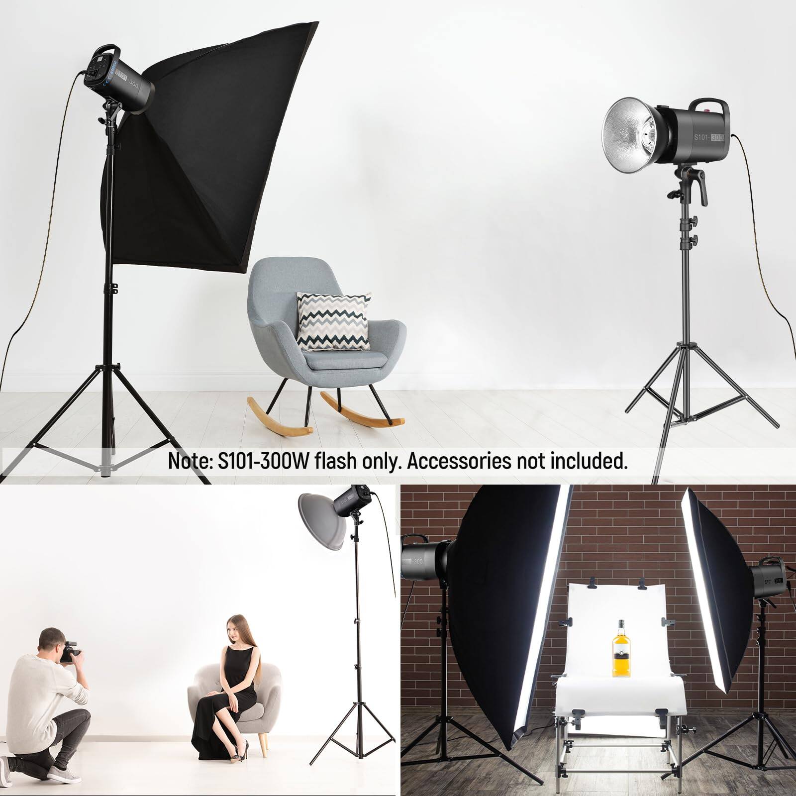 Note: S101-300W flash only. Accessories not included.