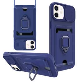 Reiko - iPhone 12 Case with Camera Cover, Kickstand, Slide Lens Protector, Magnetic Ring, Strap & Card Holder - Navy