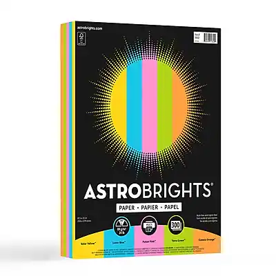 ASTROBRIGHTS
PAPER • PAPIER • PAPEL
NB 300
astrobrights.com
8.5" x 11"
300 sheets
80 lb.
White Backing
Made in the USA
Product of the USA
Color Spectrum
Pastel
Brights
Neon