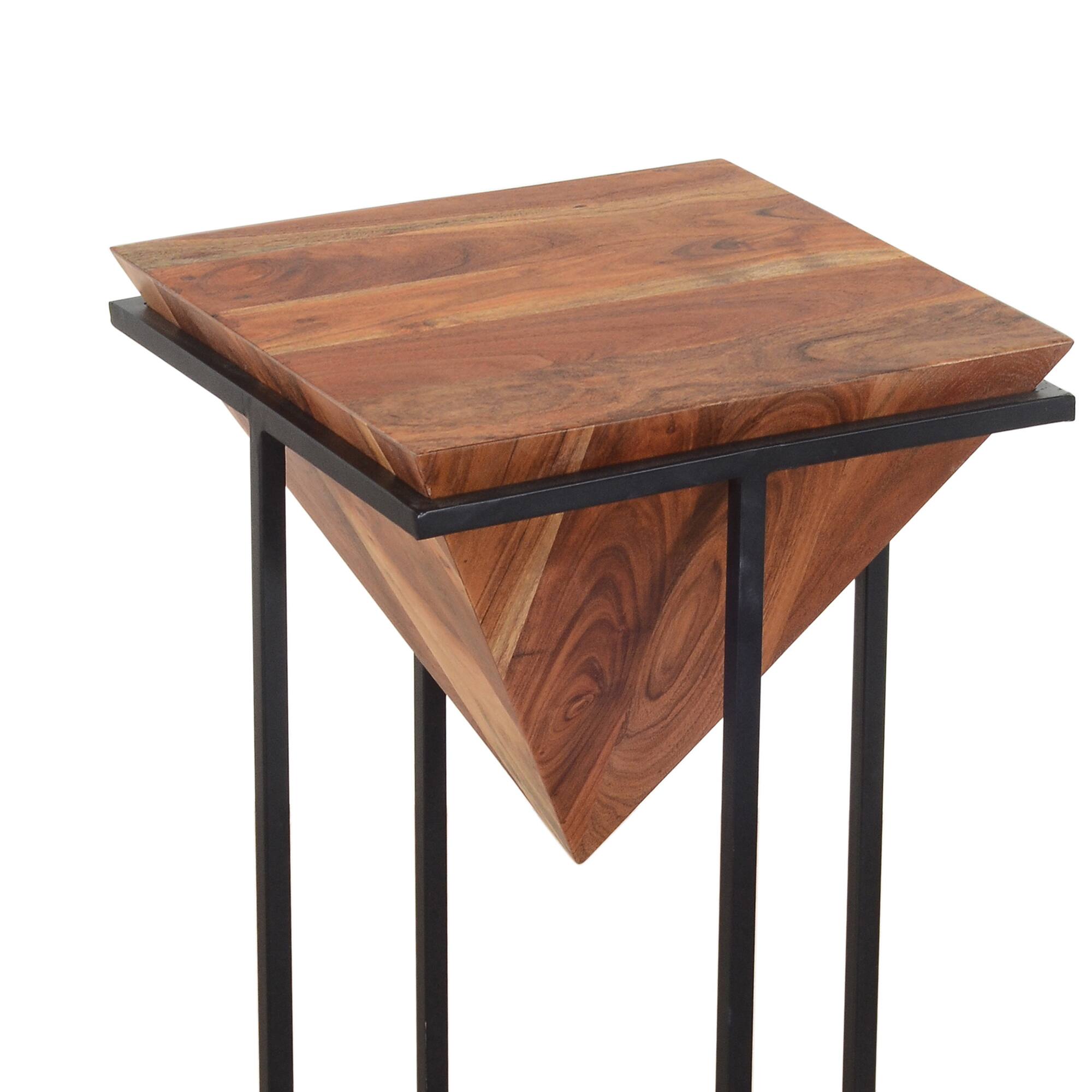 Back. Manhattan Lane - 26 Inch Pyramid Shape Acacia Wood Side Table With Cross Iron Base - Brown and Black.