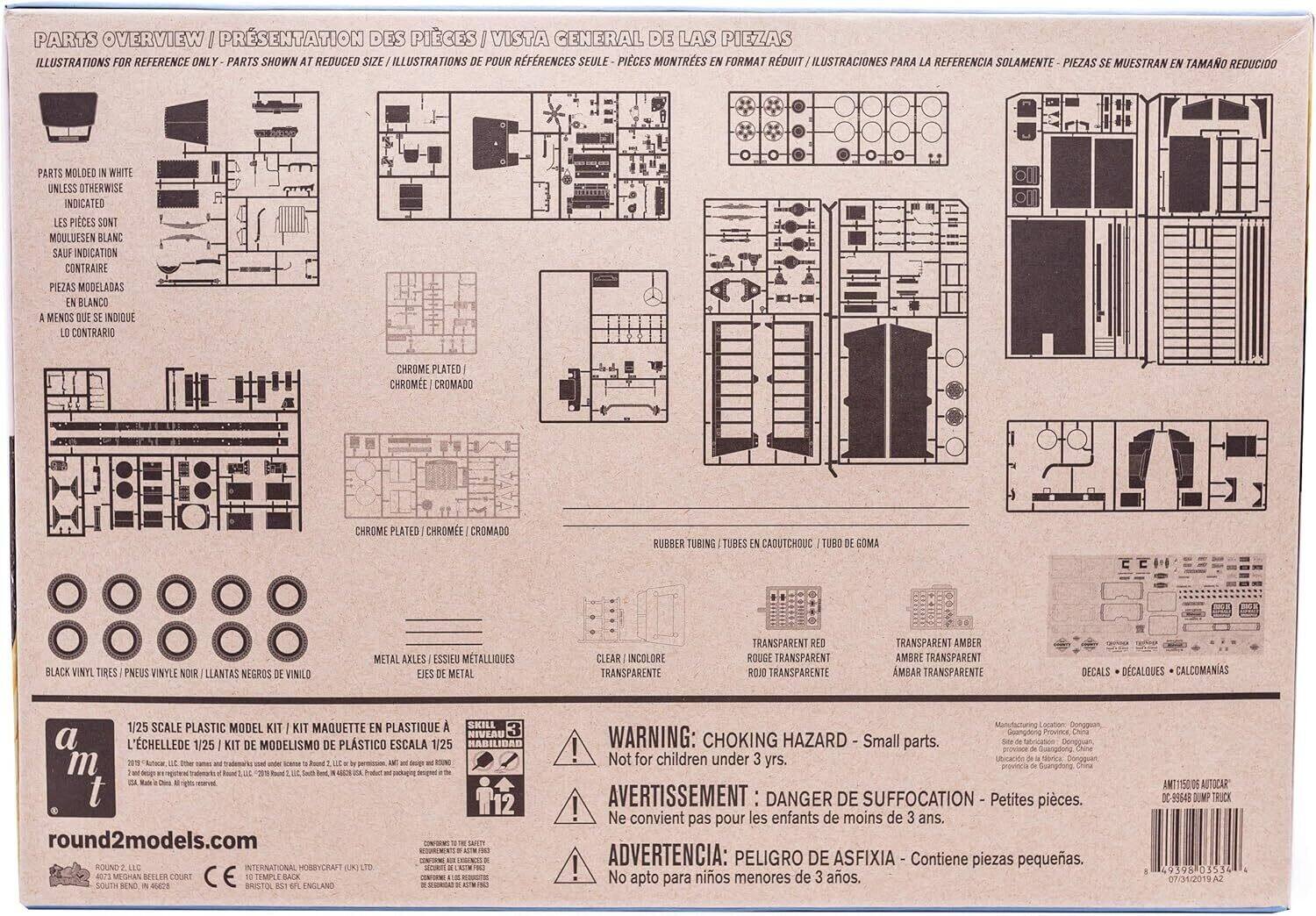 **PARTS OVERVIEW / PRÉSENTATION DES PIÈCES / VISTA GENERAL DE LAS PIEZAS**

ILLUSTRATIONS FOR REFERENCE ONLY - PARTS SHOWN AT REDUCED SIZE / ILLUSTRATIONS DE POUR RÉFÉRENCE SEULE - PIÈCES MONTREES EN FORMAT RÉDUIT / ILUSTRACIONES PARA REFERENCIA SOLAMENTE - PIEZAS MUESTRAN TAMAÑO REDUCIDO

**PARTS MOULDED IN WHITE UNLESS OTHERWISE INDICATED / LES PIÈCES SONT MOULÉES EN BLANC SAUF INDICATION CONTRAIRE / PIEZAS MOLDEADAS EN BLANCO MENOS QUE INDIQUE LO CONTRARIO**

**CHROME PLATED / CHROMEÉ / CROMADO**

**RUBBER TUBING / TUBES EN CAOUTCHOUC / TUBO DE GOMA**

**BLACK VINYL TIRES / PNEUS VINYLE NOIR / LLANTAS NEGROS VINILO**

**METAL AXLES / ESSIEU MÉTALLIQUES / EJES METAL**

**CLEAR / INCOLORE / TRANSPAREN