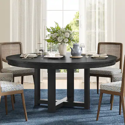 Front. Lirago - 52" Solid Wood Round Dining Table with Double Pedestal Large Kitchen Table Seats 6 for Dining Room - Black.