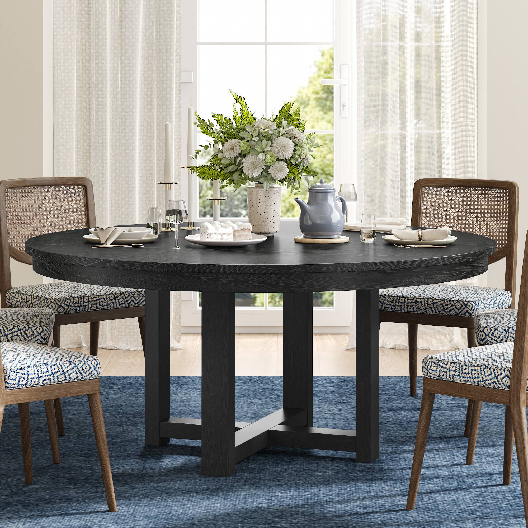 Lirago - 52" Solid Wood Round Dining Table with Double Pedestal Large Kitchen Table Seats 6 for Dining Room - Black